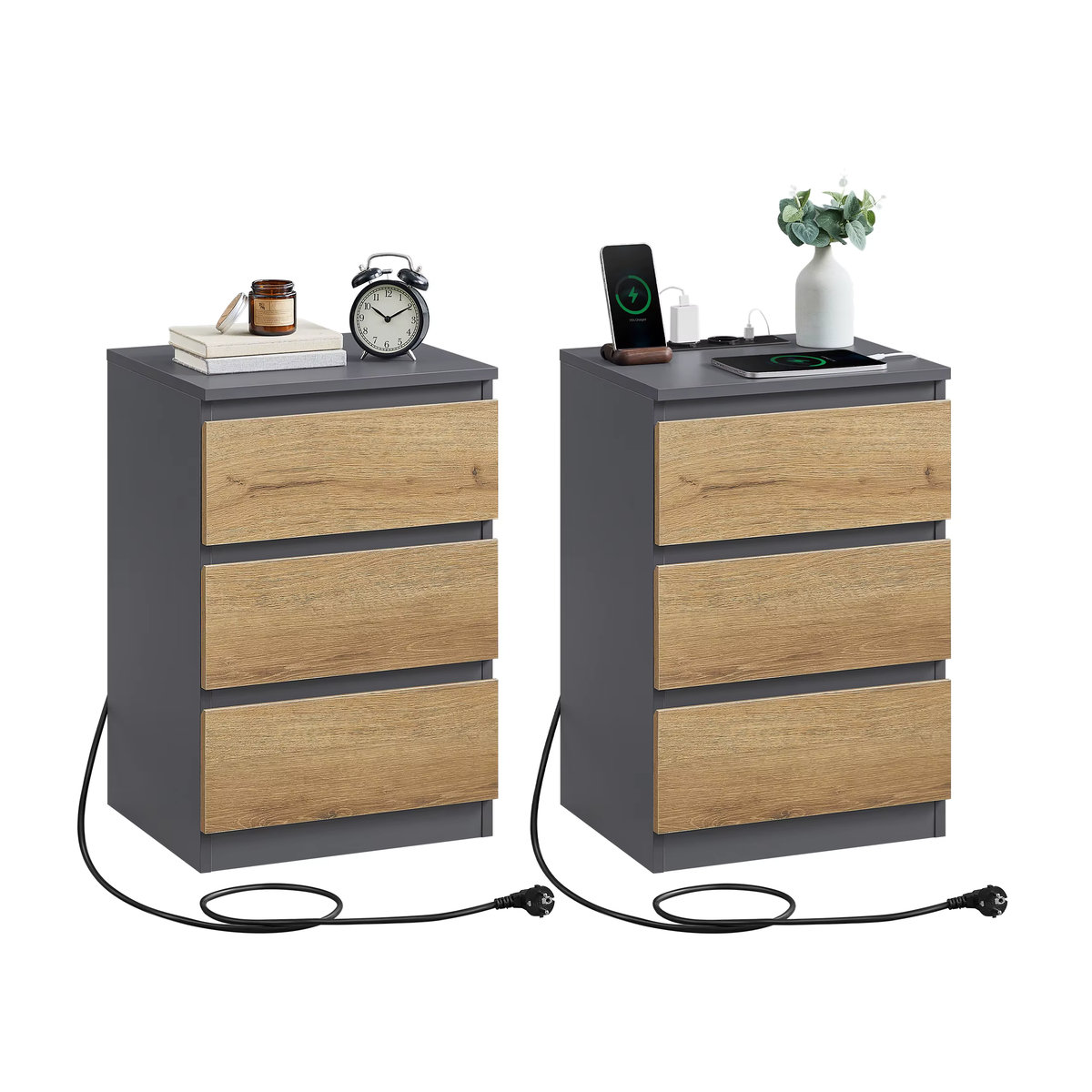 VASAGLE Nachttisch 2er Set mit Steckdosenleiste und 3 Schubladen, Schiefergrau-Naturbraun, B/T/H: 40 x 35 x 59 cm - Bild 2