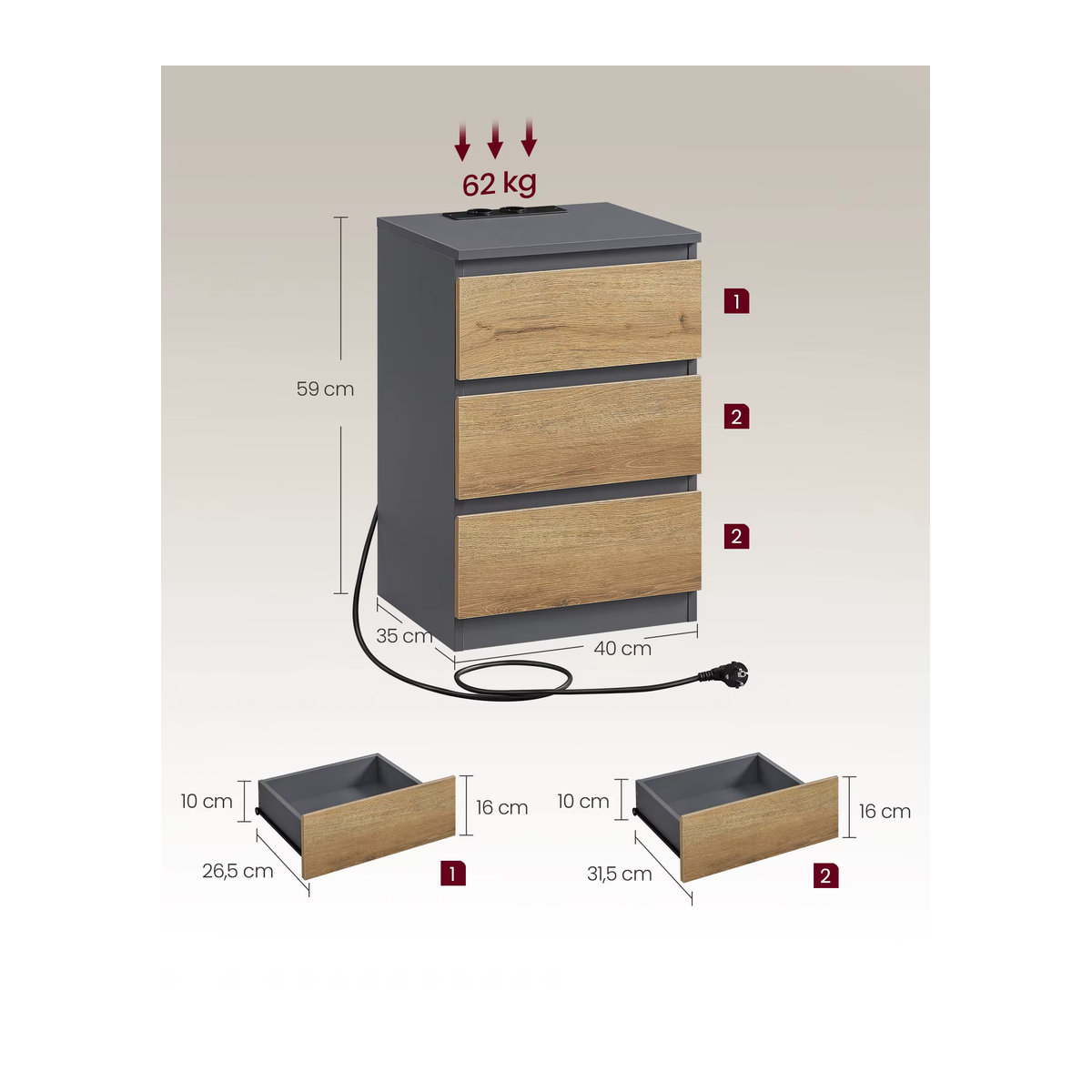 VASAGLE Nachttisch 2er Set mit Steckdosenleiste und 3 Schubladen, Schiefergrau-Naturbraun, B/T/H: 40 x 35 x 59 cm - Bild 3
