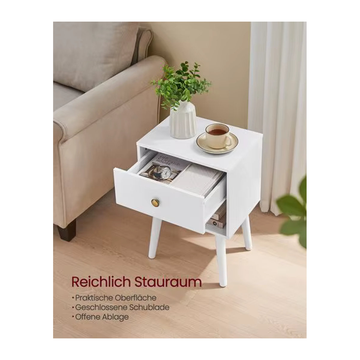VASAGLE Nachttisch in Weiß im skandinavischen Design mit Schublade und offener Ablage - Bild 3