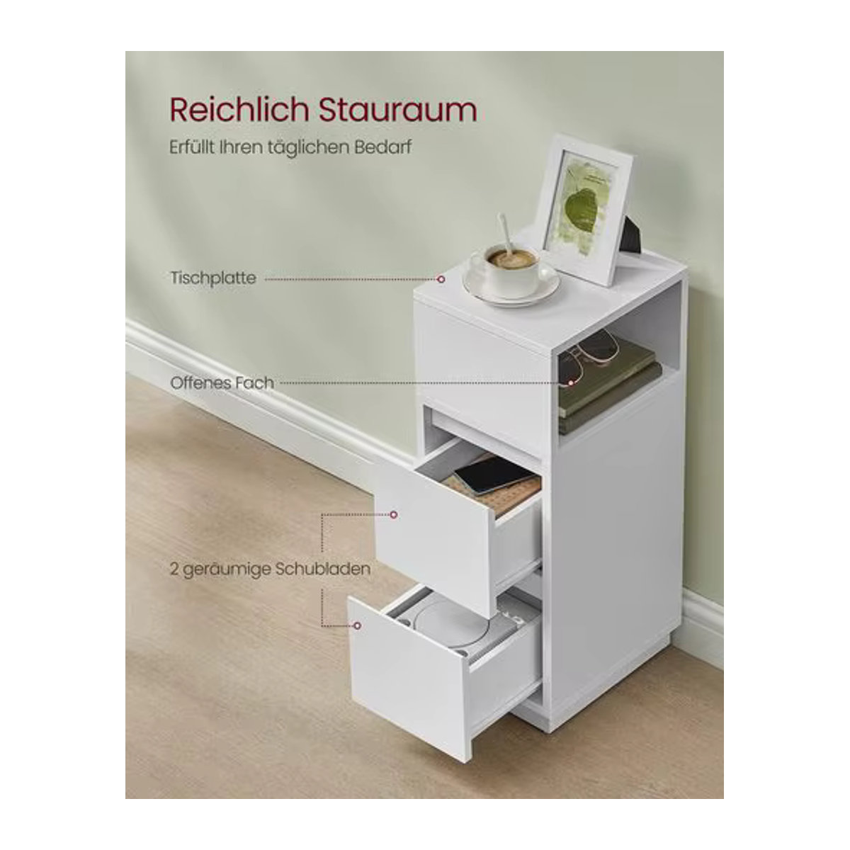 VASAGLE Nachttisch Set mit 2 Schubladen und offenem Fach, modern und minimalistisch, Farben: Natur/Braun oder Weiß - Bild 2