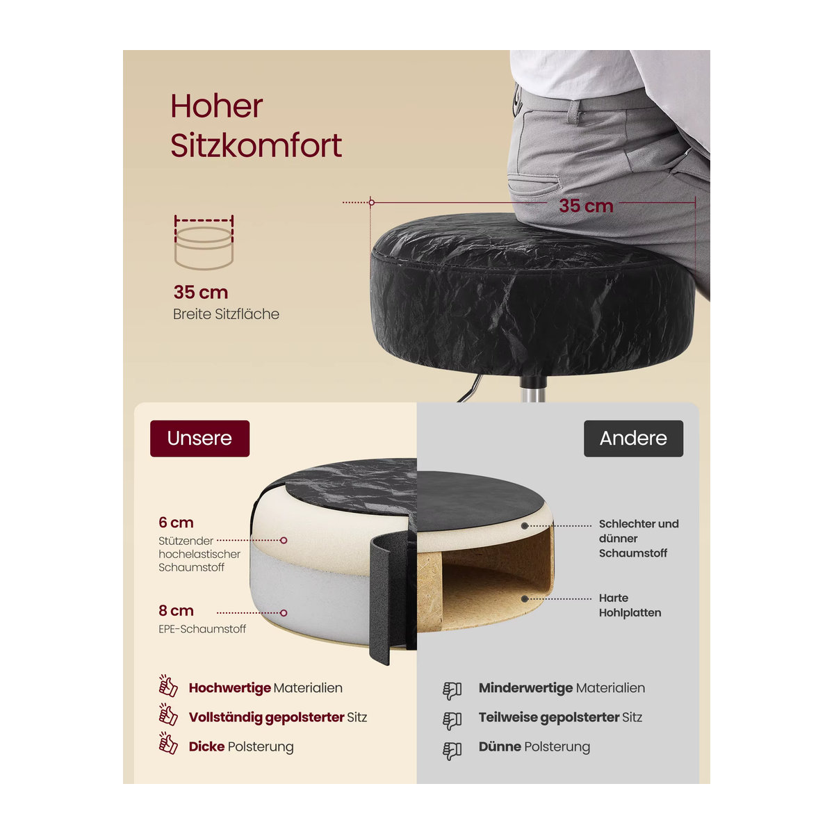 VASAGLE Schminkhocker modern, höhenverstellbarer Schminkstuhl und Barhocker mit 360 Grad Drehung und Polsterung aus PU, erhältlich in Cream oder Gray - Bild 2