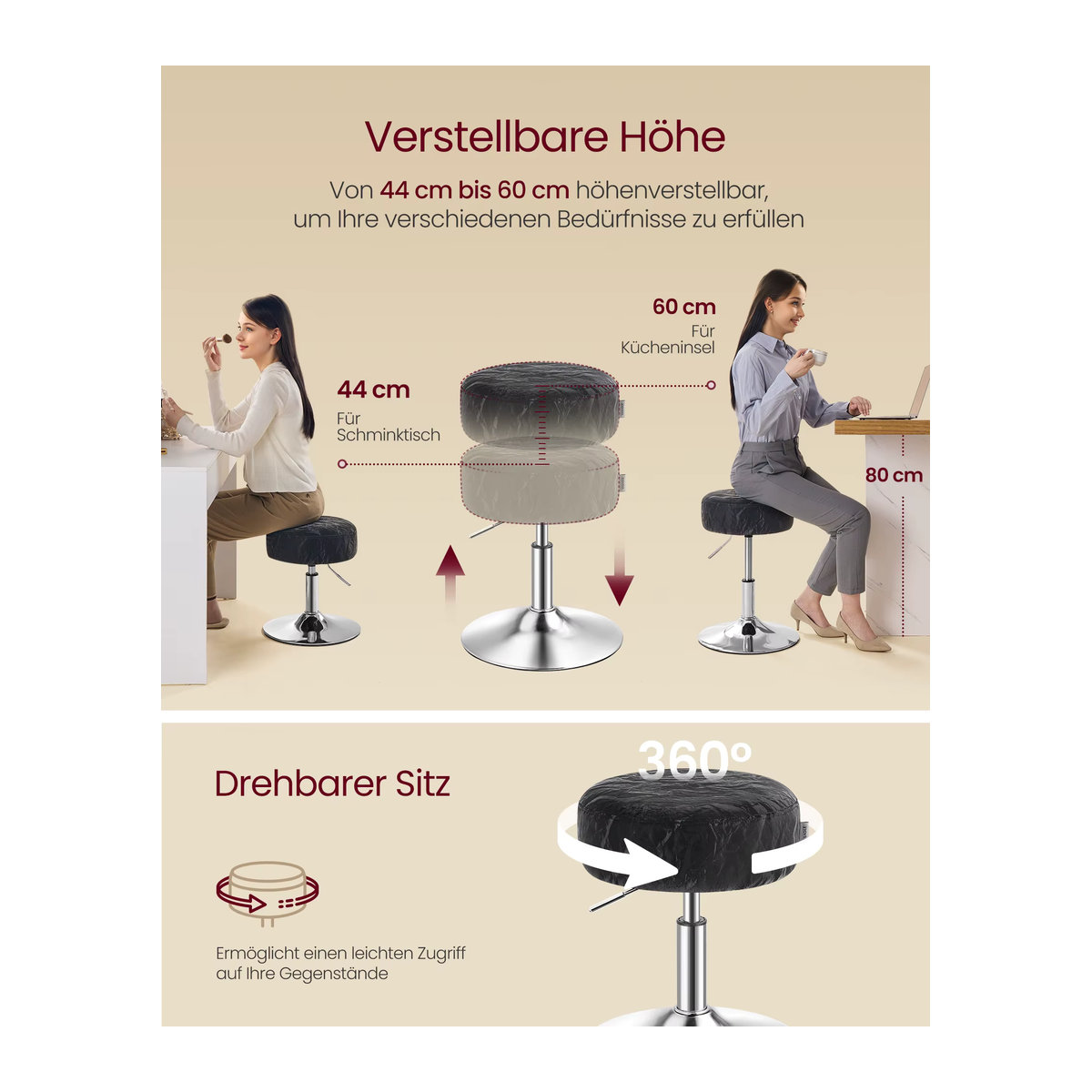 VASAGLE Schminkhocker modern, höhenverstellbarer Schminkstuhl und Barhocker mit 360 Grad Drehung und Polsterung aus PU, erhältlich in Cream oder Gray - Bild 3