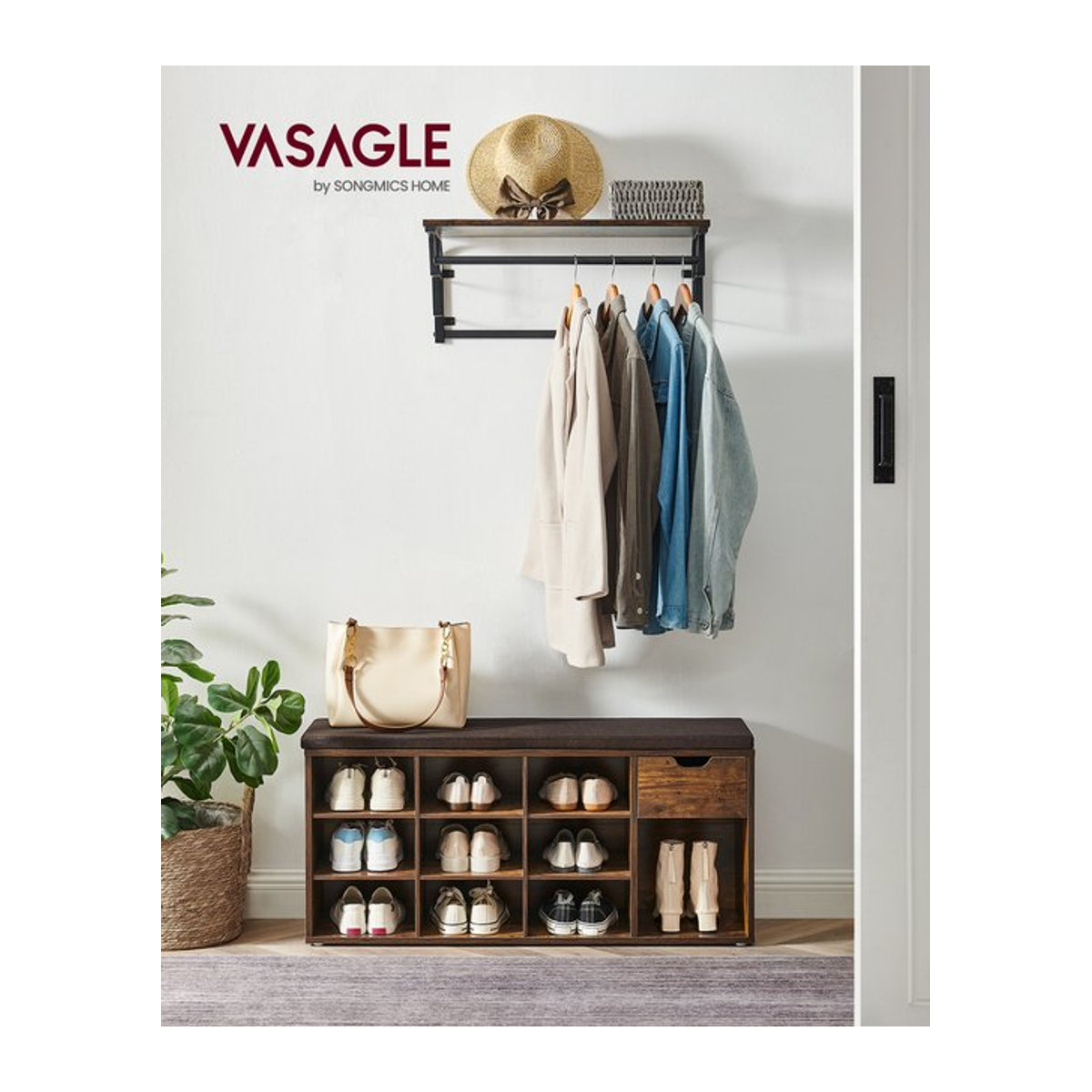Vasagle Schoenbank im Industrial Design mit 1 Schublade und 10 offenen Fächern, Nussbaum, B/T/H: 104 x 30 x 48 cm - Bild 1