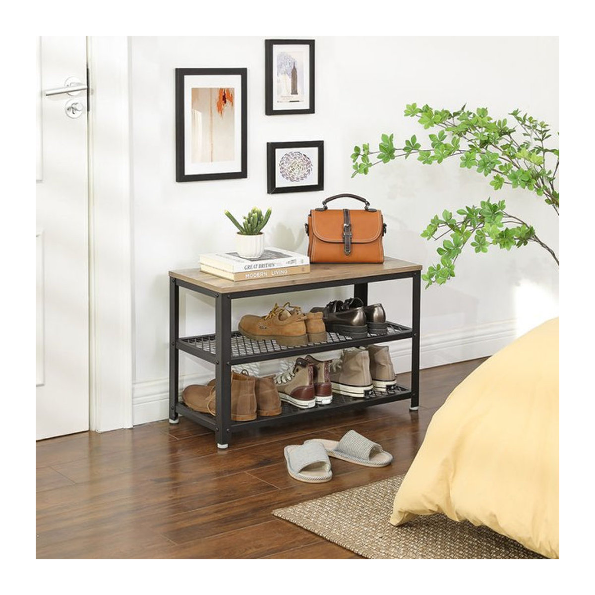 VASAGLE Schuhbank im Industrial Design mit 2 Gitterablagen aus Metall, B/T/H: 73 x 30 x 45 cm, Schwarz/Nussbaum - Bild 1