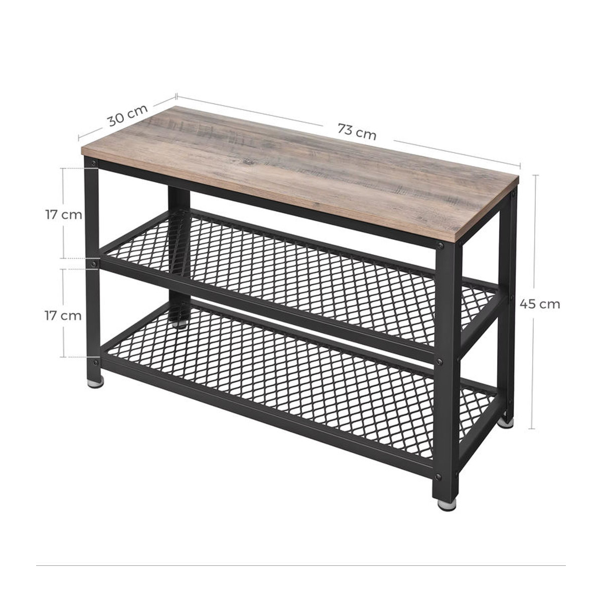 VASAGLE Schuhbank im Industrial Design mit 2 Gitterablagen aus Metall, B/T/H: 73 x 30 x 45 cm, Schwarz/Nussbaum - Bild 2