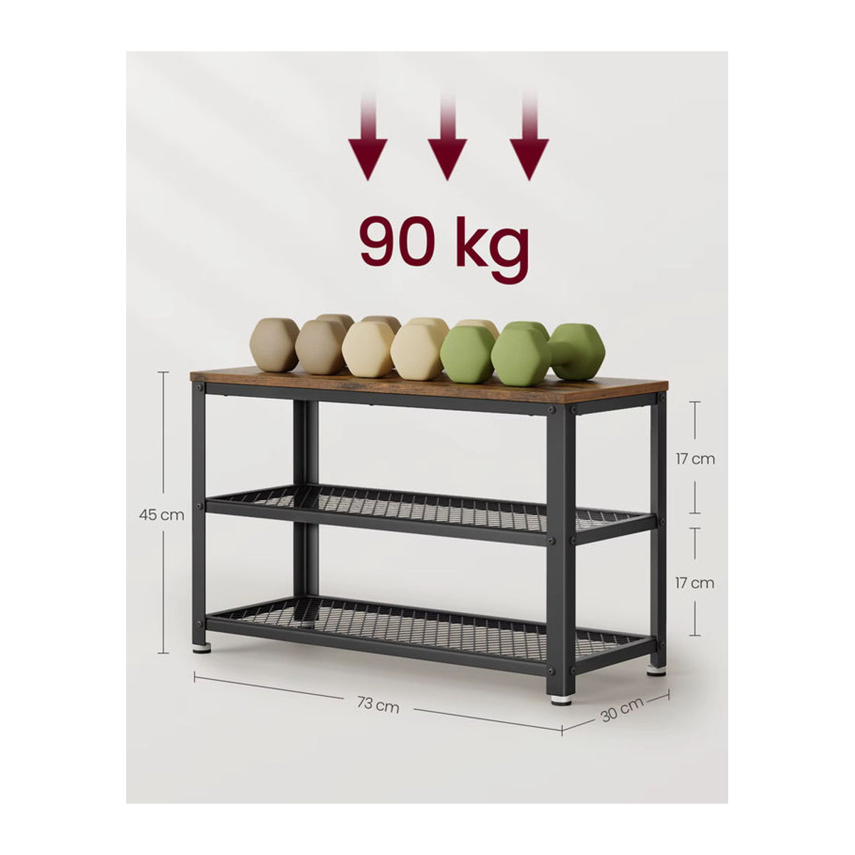 VASAGLE Schuhbank im Industrial Design mit 2 Gitterablagen aus Metall, B/T/H: 73 x 30 x 45 cm, Schwarz/Nussbaum - Bild 5