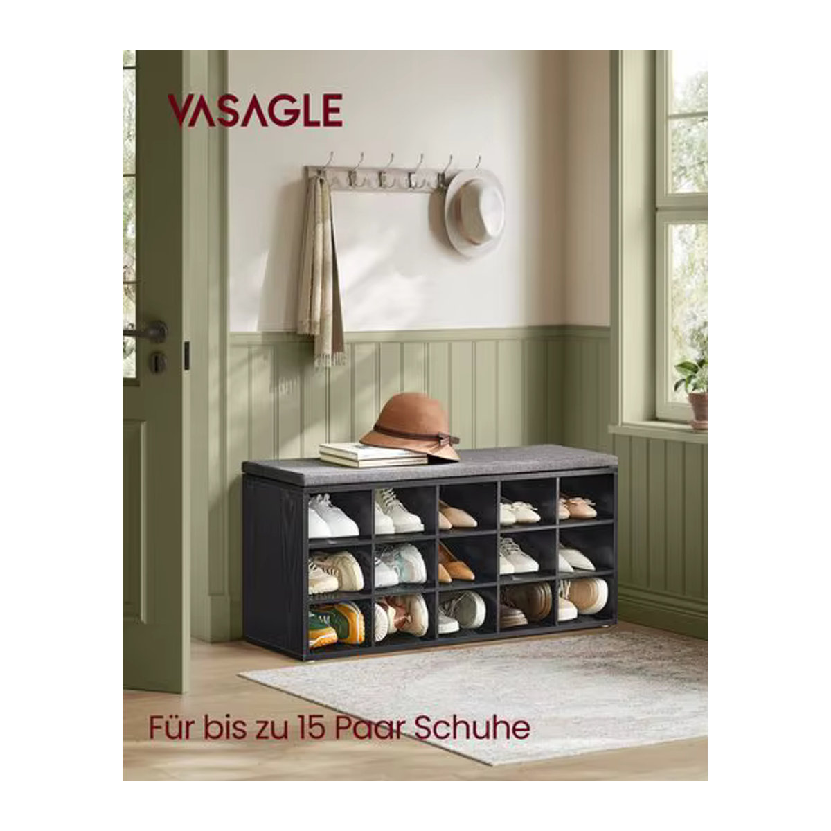 VASAGLE Schuhbank mit 15 Fächern in Schwarz, modernes Schuhregal aus Holzwerkstoff, B/T/H: 105 x 30 x 48 cm - Bild 2