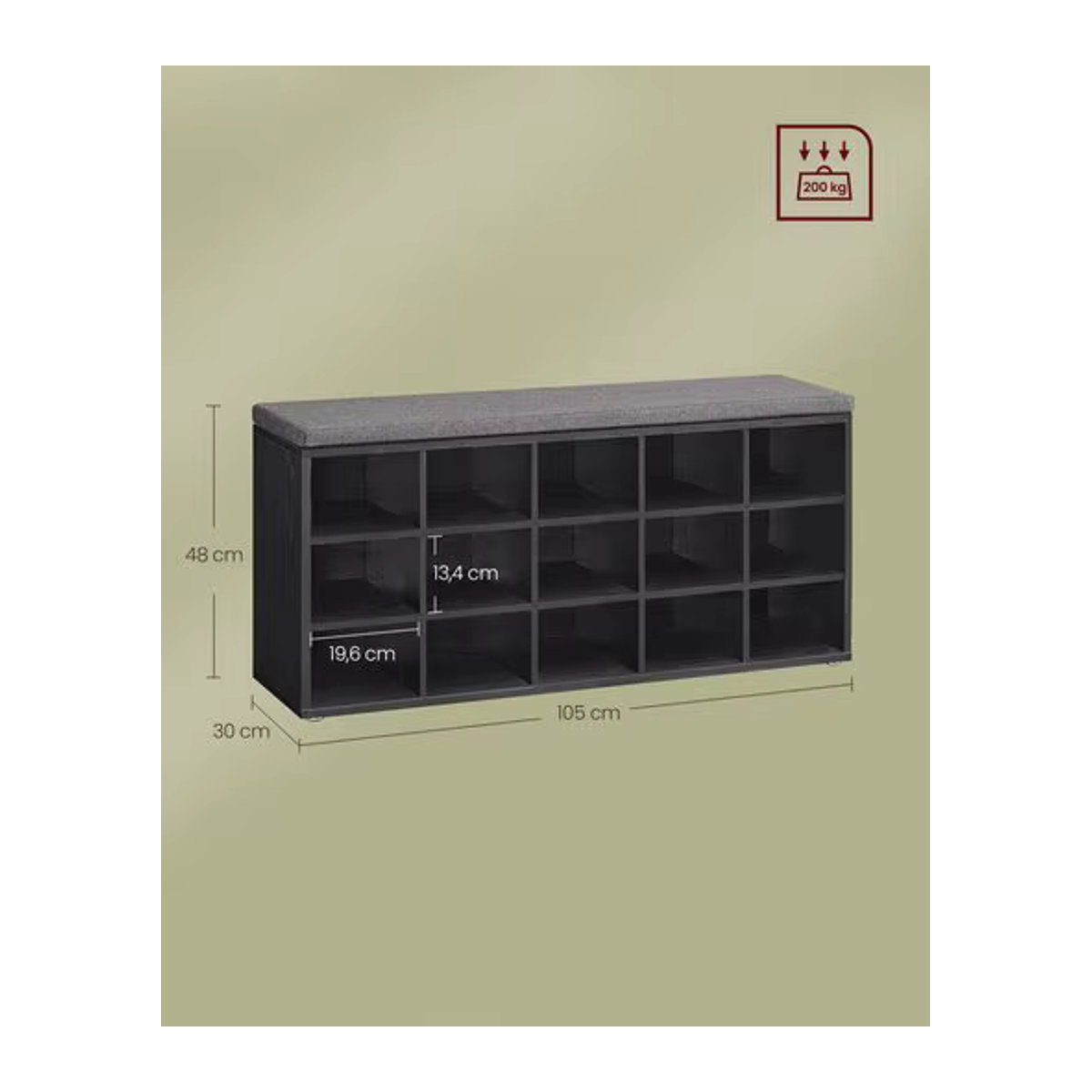 VASAGLE Schuhbank mit 15 Fächern in Schwarz, modernes Schuhregal aus Holzwerkstoff, B/T/H: 105 x 30 x 48 cm - Bild 5