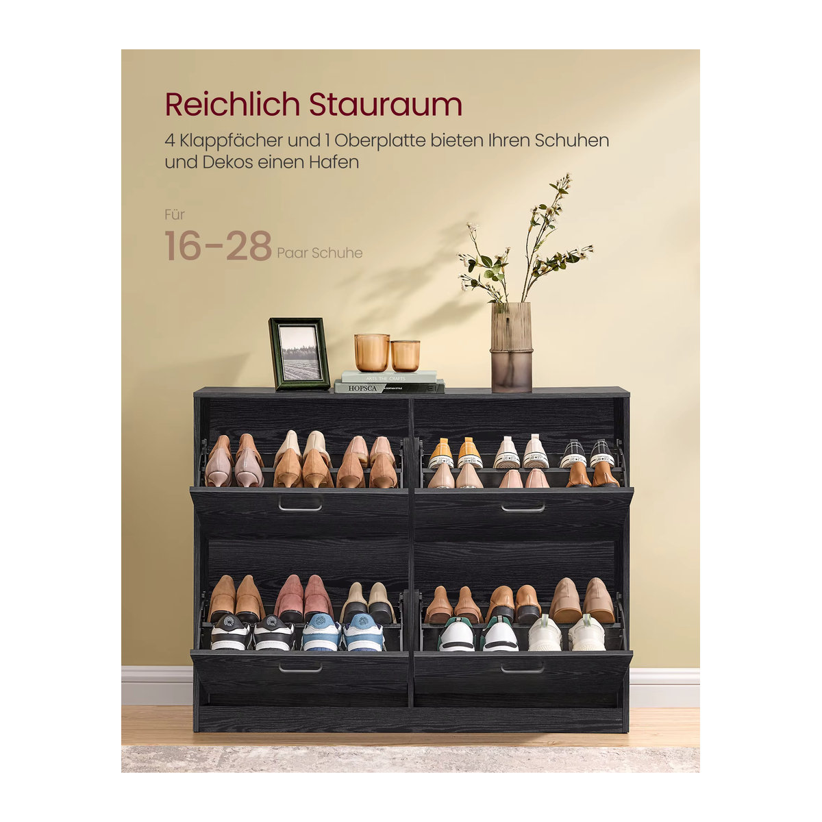 VASAGLE Schuhschrank mit 4 Klappen in Ebenholzschwarz, Schuhkipper mit verstellbaren Trennwänden für 16-28 Paar Schuhe, B/T/H: 105,5 x 82,7 x 82,7 cm - Bild 2