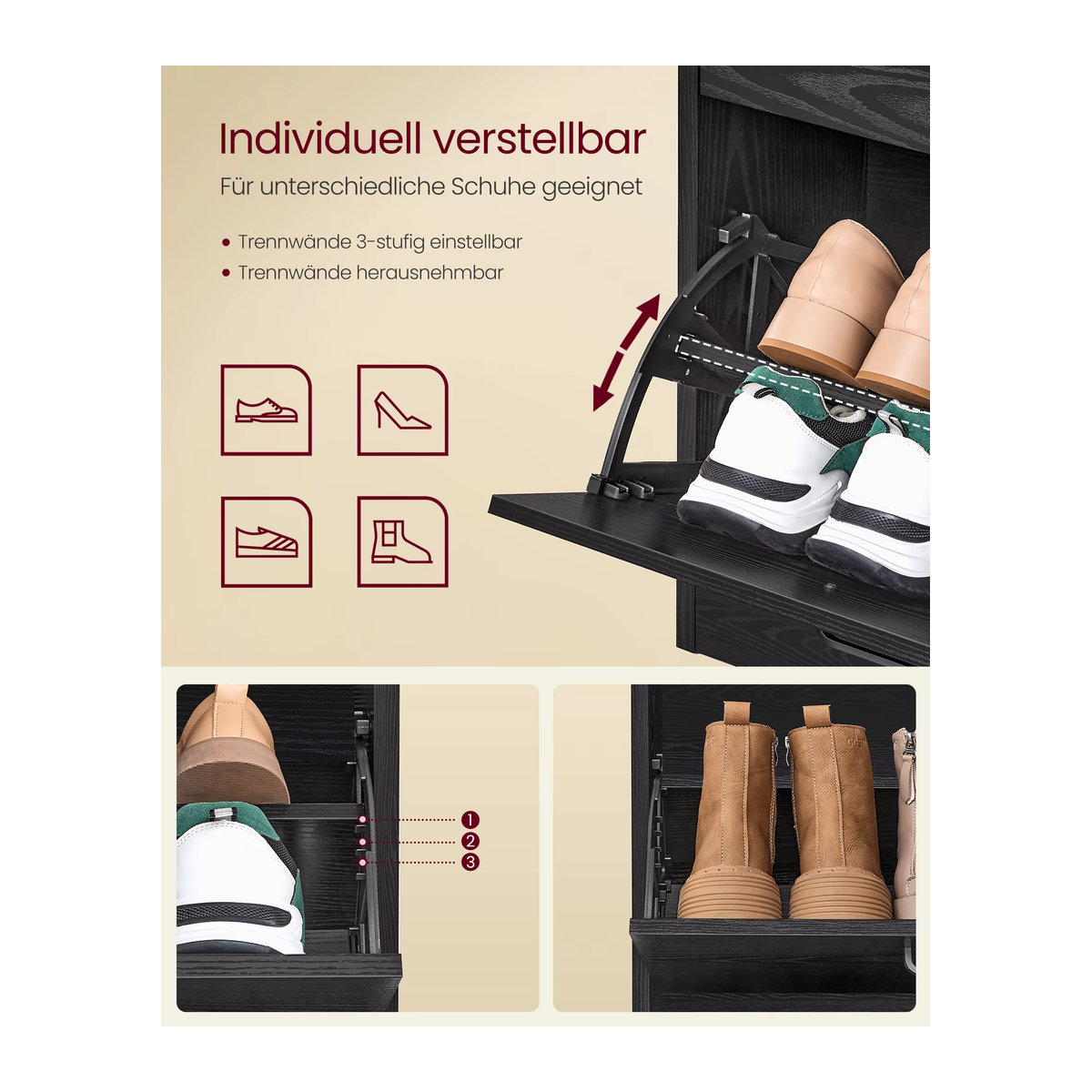 VASAGLE Schuhschrank mit 4 Klappen in Ebenholzschwarz, Schuhkipper mit verstellbaren Trennwänden für 16-28 Paar Schuhe, B/T/H: 105,5 x 82,7 x 82,7 cm - Bild 3