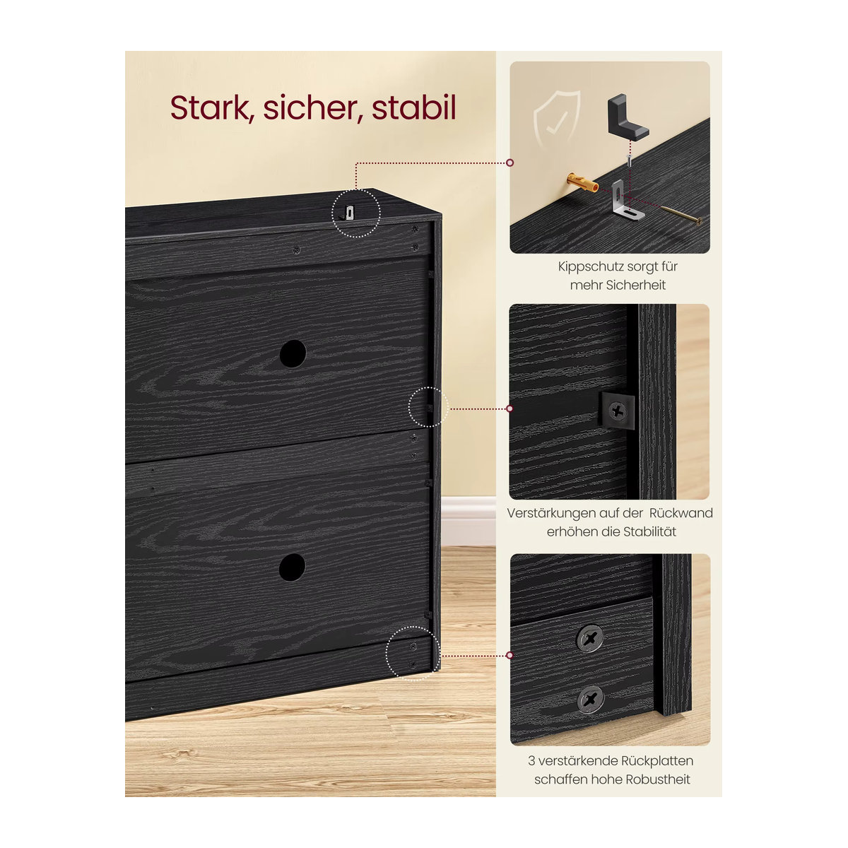 VASAGLE Schuhschrank mit 4 Klappen in Ebenholzschwarz, Schuhkipper mit verstellbaren Trennwänden für 16-28 Paar Schuhe, B/T/H: 105,5 x 82,7 x 82,7 cm - Bild 4