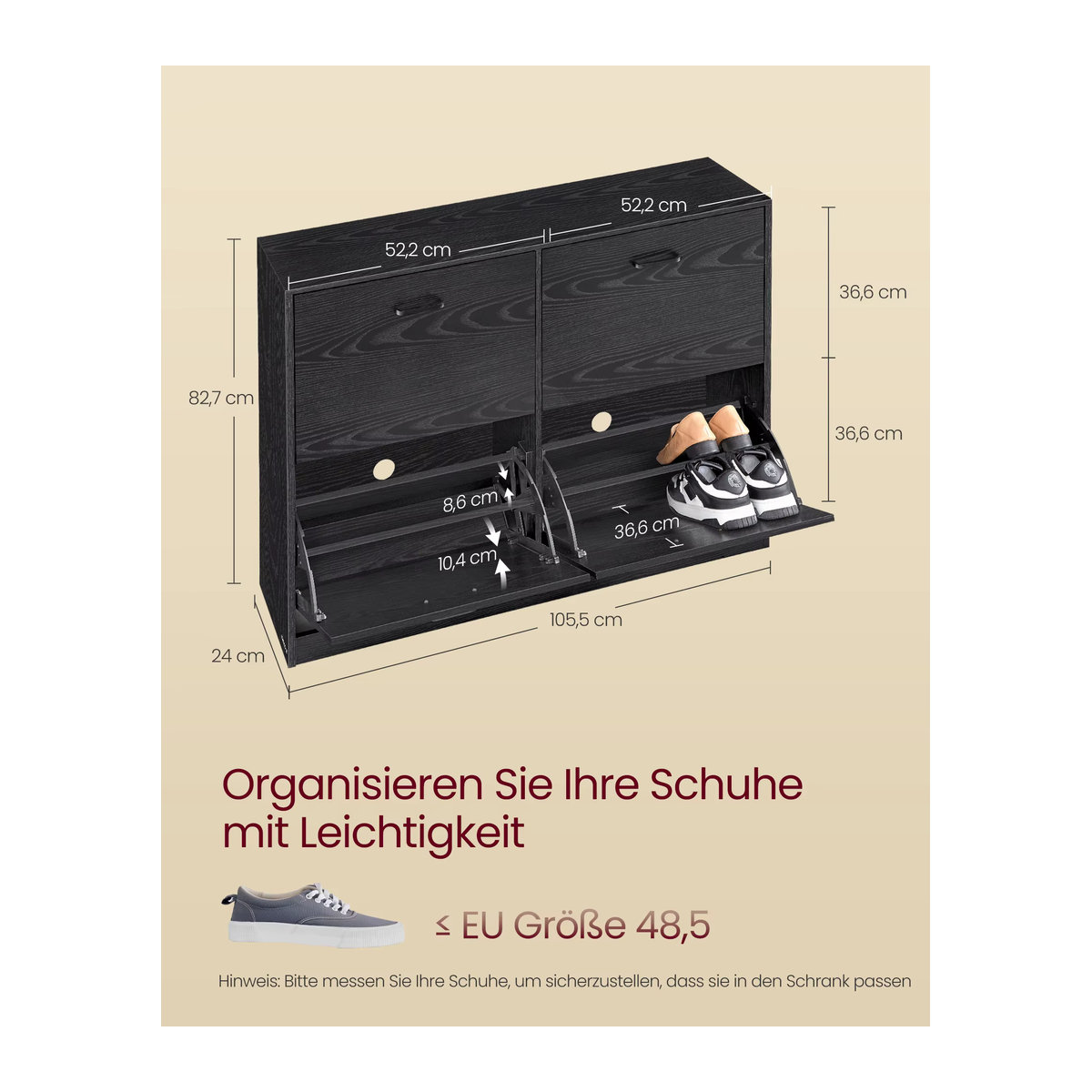 VASAGLE Schuhschrank mit 4 Klappen in Ebenholzschwarz, Schuhkipper mit verstellbaren Trennwänden für 16-28 Paar Schuhe, B/T/H: 105,5 x 82,7 x 82,7 cm - Bild 6