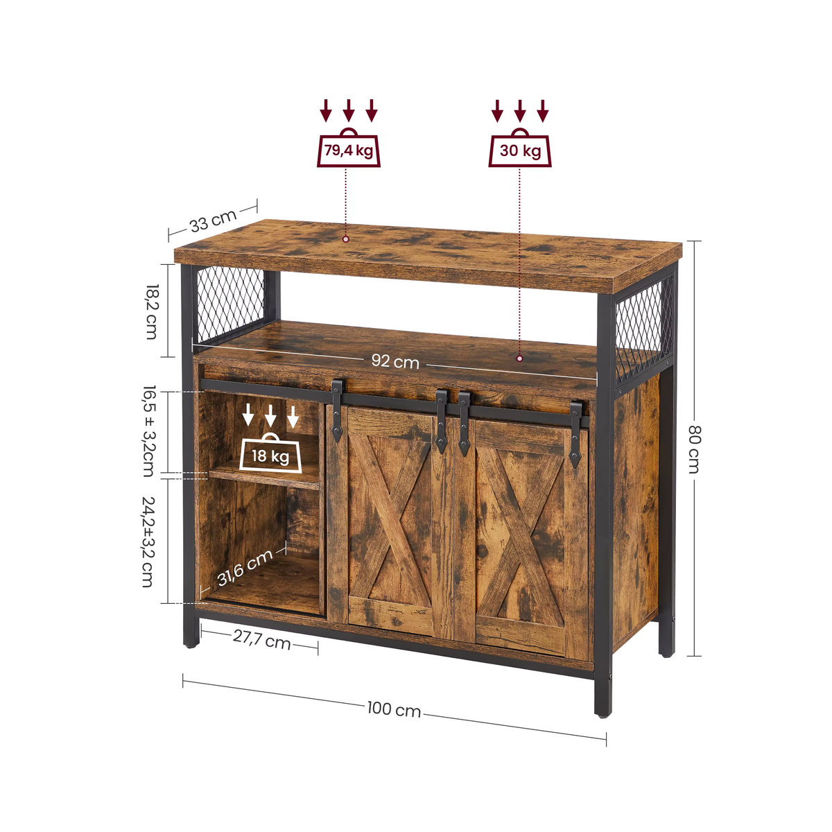 VASAGLE Sideboard in Schwarz mit 2 Schiebetüren und verstellbaren Ablagen, B/T/H: 100 x 33 x 80 cm - Bild 2
