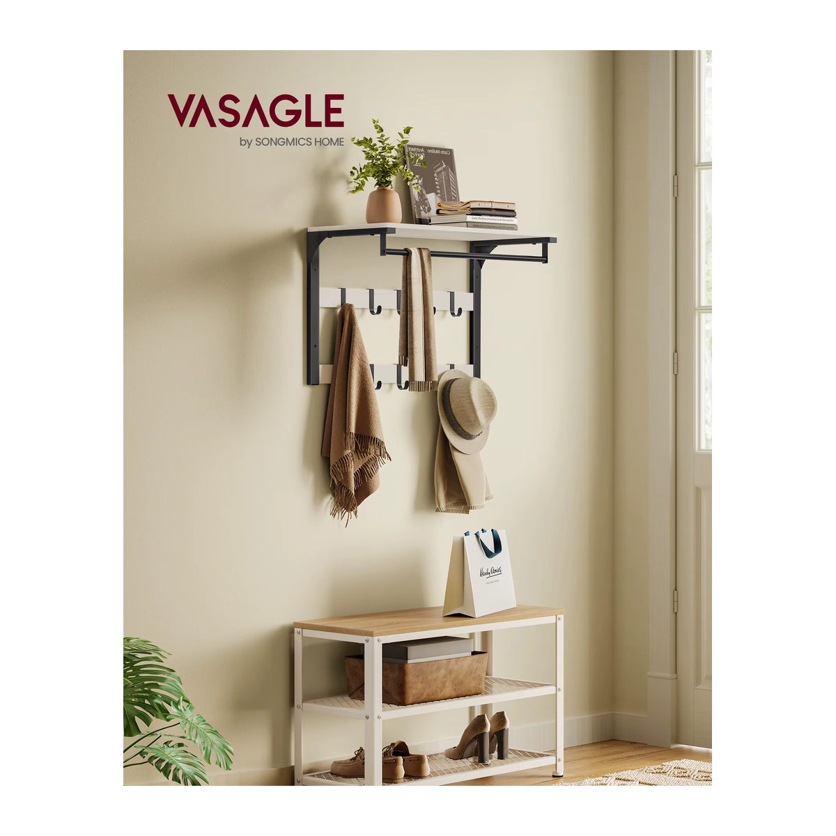 VASAGLE Wandgarderobe im Industrial Design mit Ablage und 10 abnehmbaren Haken in Schwarz oder Weiß - Bild 2