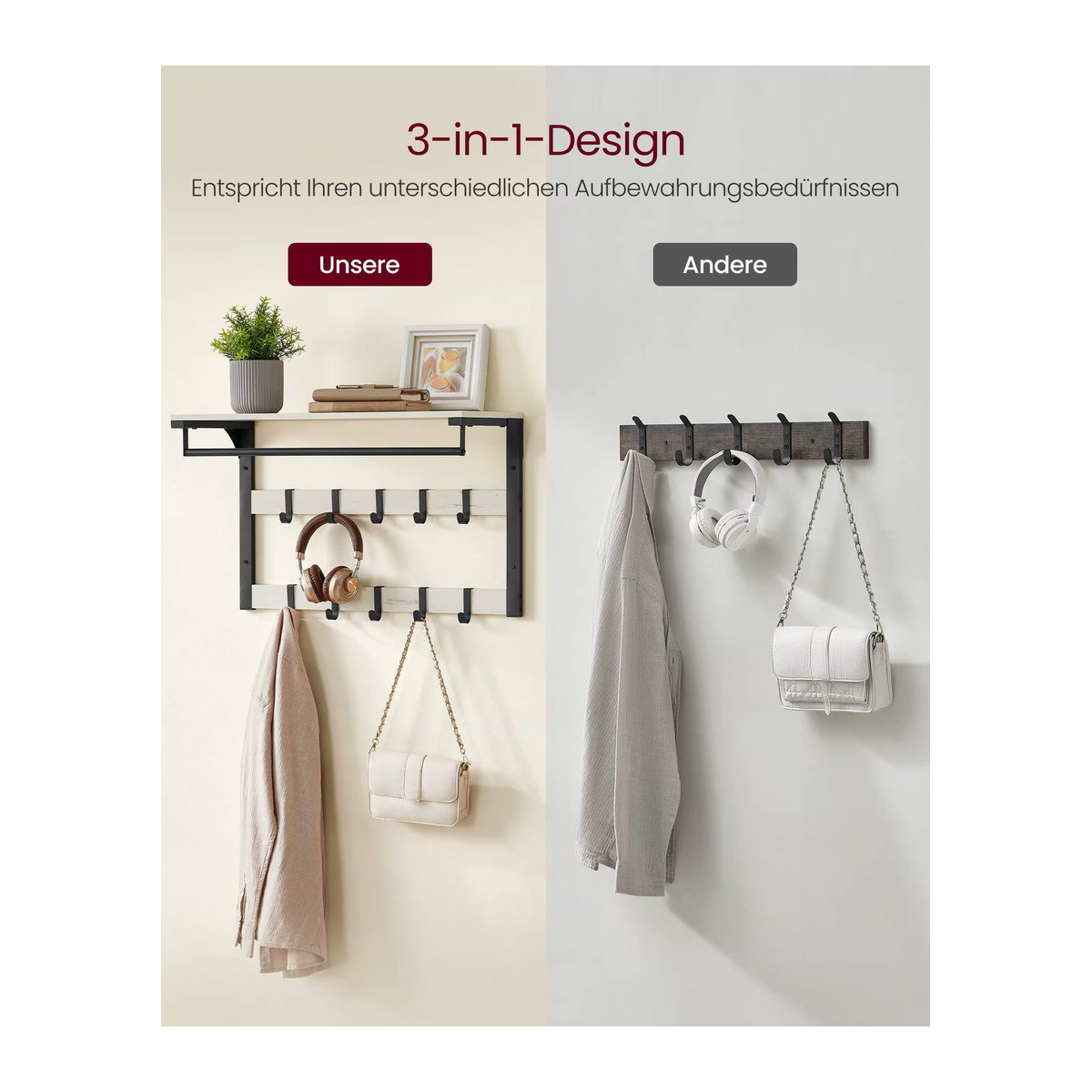 VASAGLE Wandgarderobe im Industrial Design mit Ablage und 10 abnehmbaren Haken in Schwarz oder Weiß - Bild 3