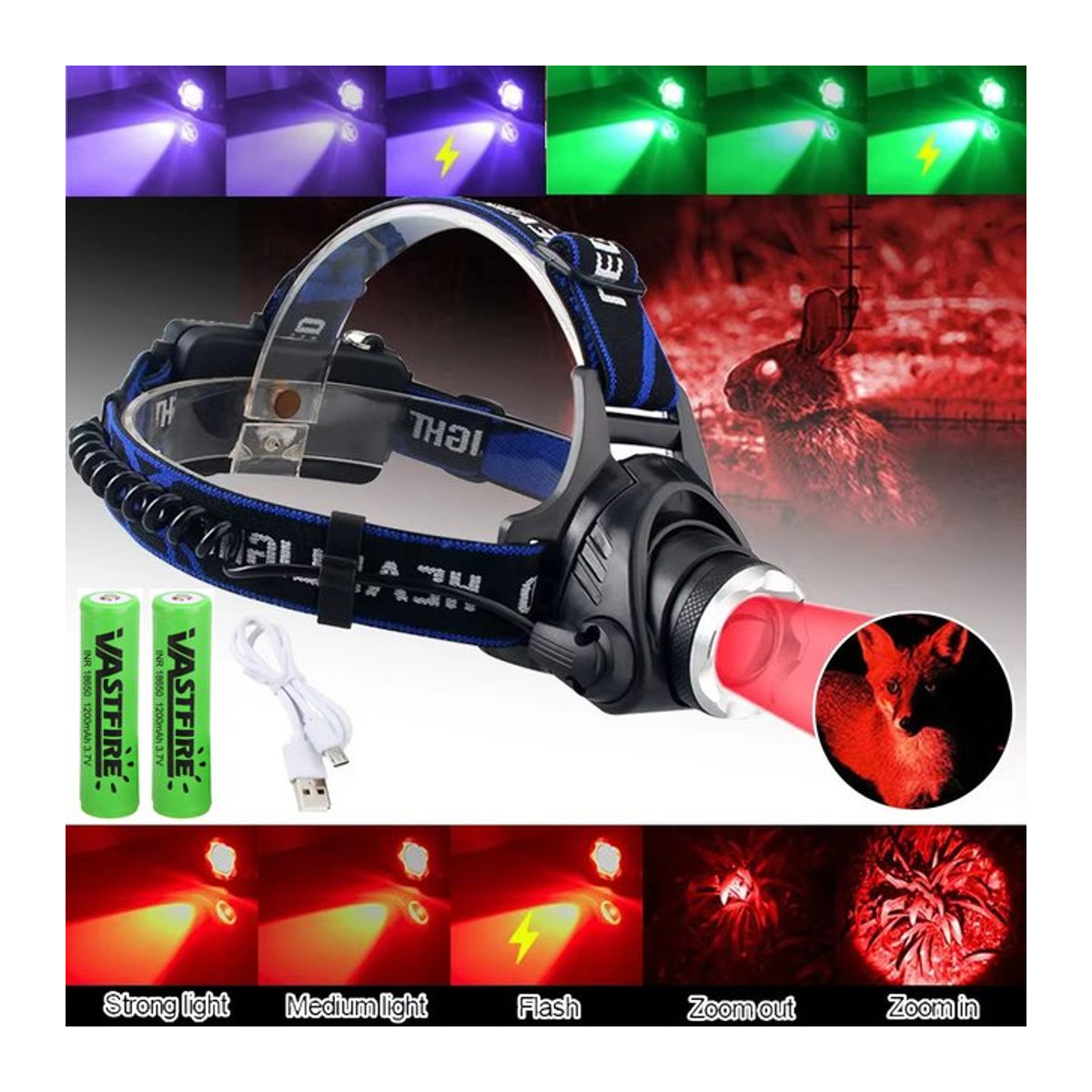 VASTFIRE Taktische LED Taschenlampe mit XPG LED und Zoom sowie Rot- und Grünlicht für Outdoor, Camping, Jagd und Angeln - Bild 1