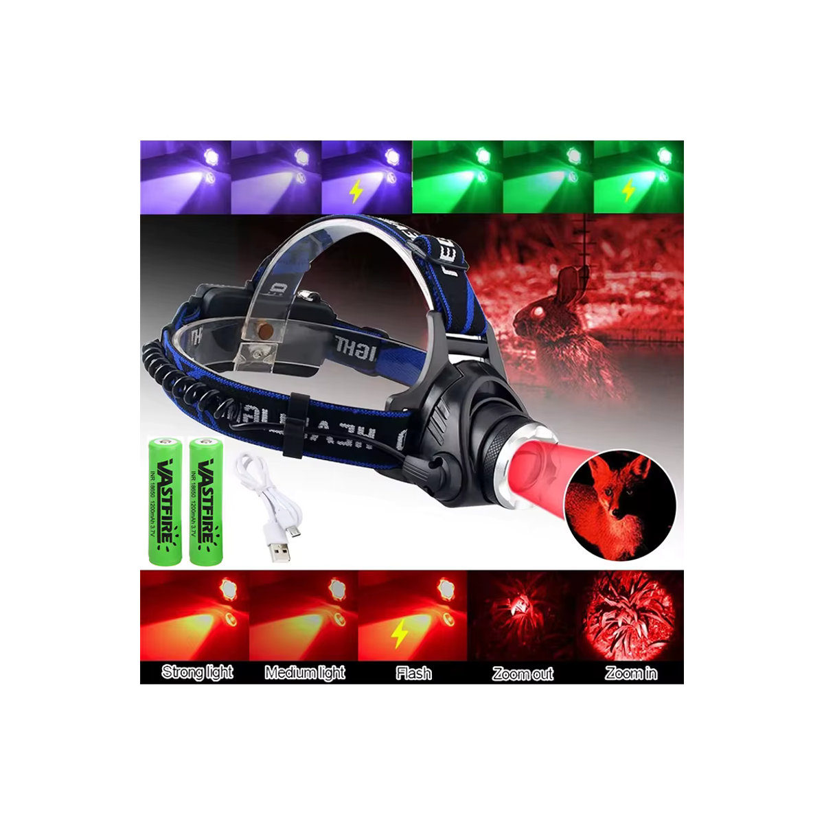 VASTFIRE Taktische LED Taschenlampe mit XPG LED und Zoom sowie Rot- und Grünlicht für Outdoor, Camping, Jagd und Angeln - Bild 6