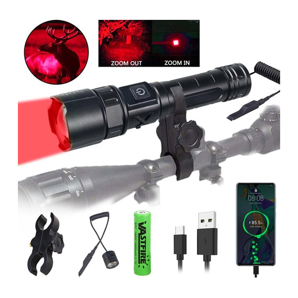 VASTFIRE Taktische LED-Taschenlampe mit Zoom und 5 Modi, Typ-C-Schnellladefunktion für Camping und Angeln - Bild 1