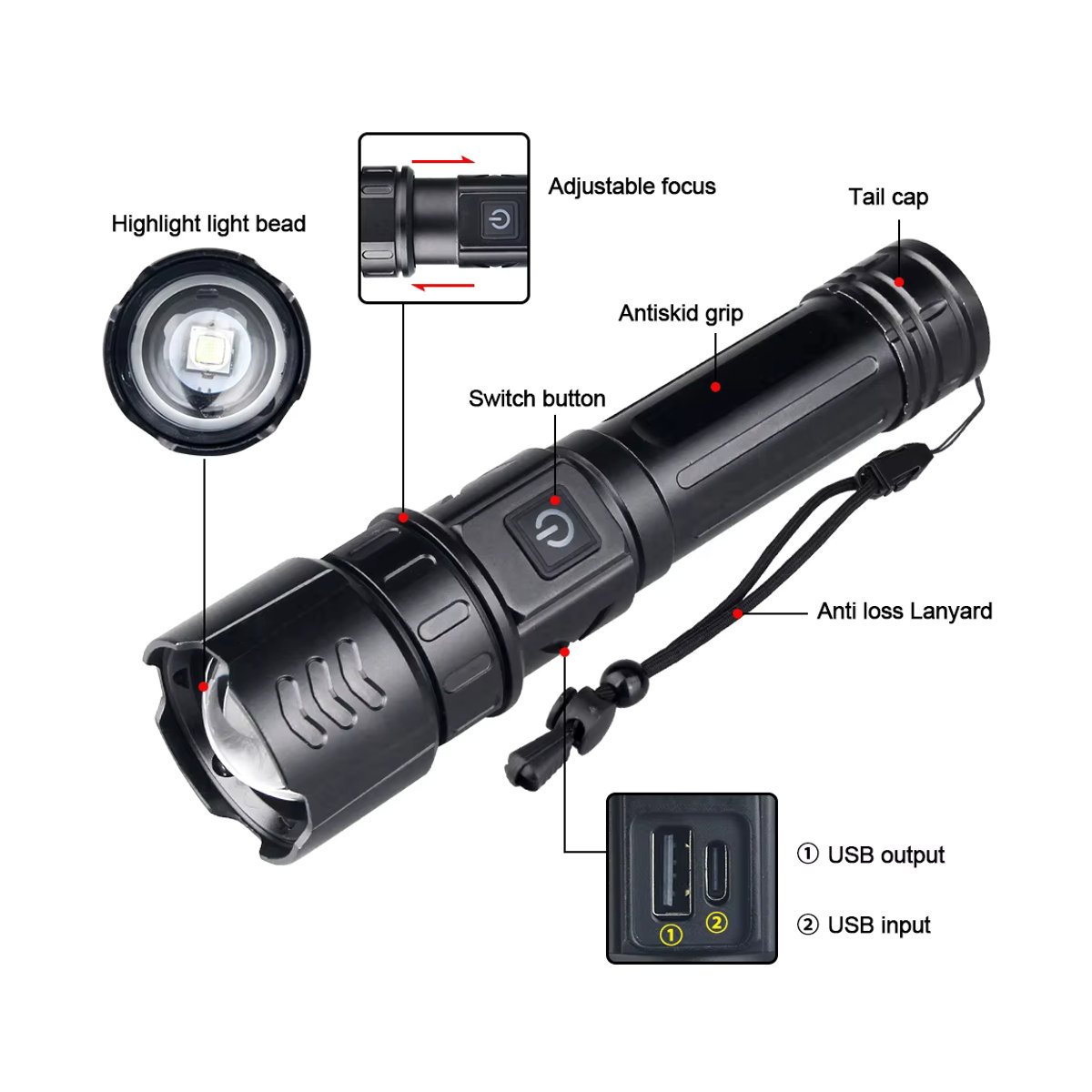 VASTFIRE Taktische LED-Taschenlampe mit Zoom und 5 Modi, Typ-C-Schnellladefunktion für Camping und Angeln - Bild 3