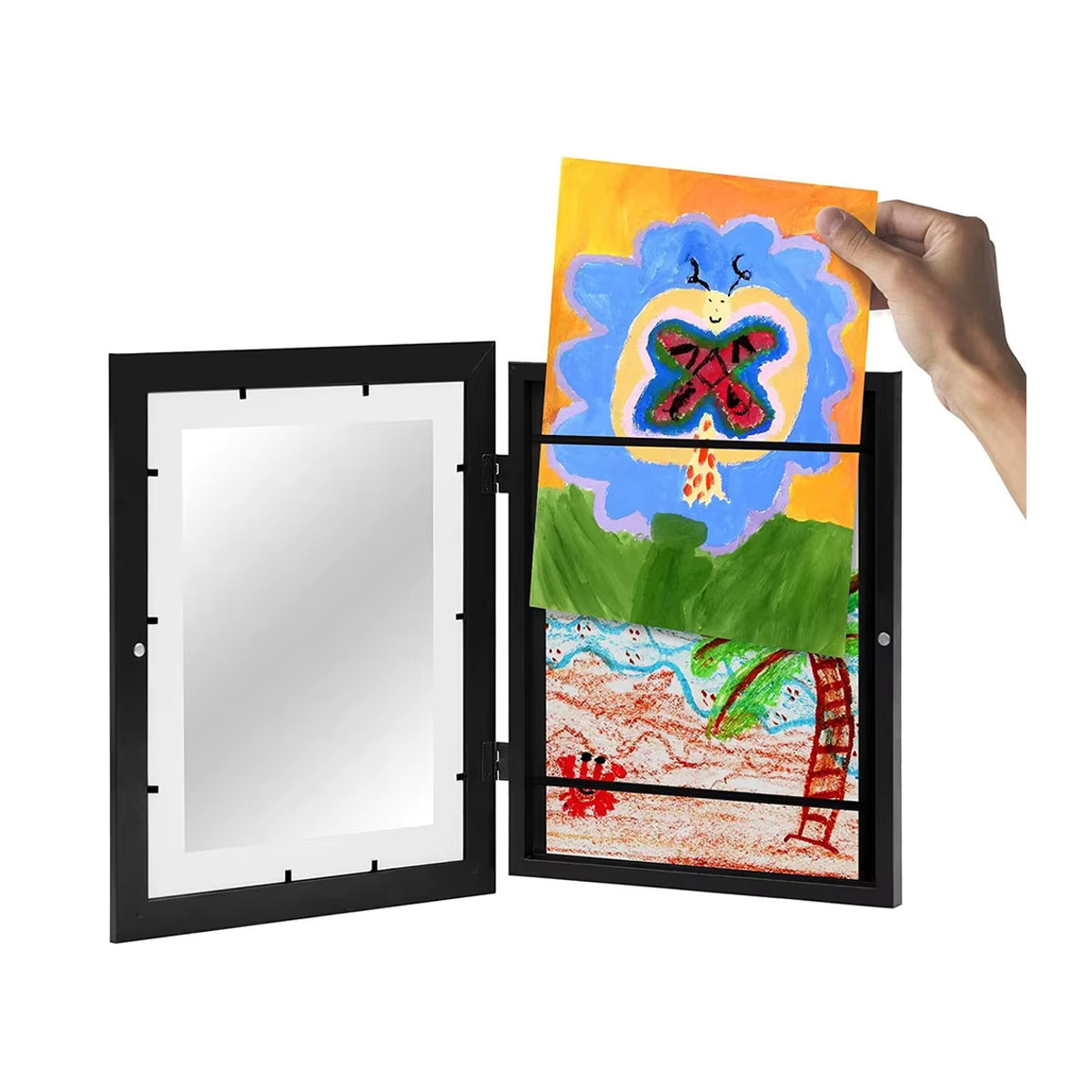 VCC Kinder-Kunstrahmen mit aufklappbarer Front für A4 Bilder und Zeichnungen, Schwarz, Tischaufstellung - Bild 2
