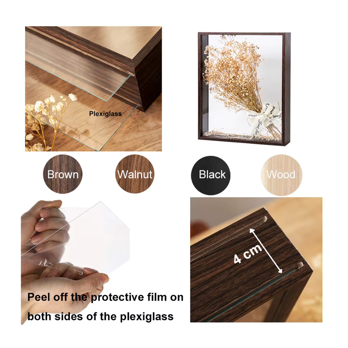 VCC Schattenbox-Rahmen aus Holz, transparenter 3D-Bilderrahmen für Blumenstrauß-Display und Erinnerungsstücke, B/H: 10 x 15 cm, Tiefe: 4 cm - Bild 3