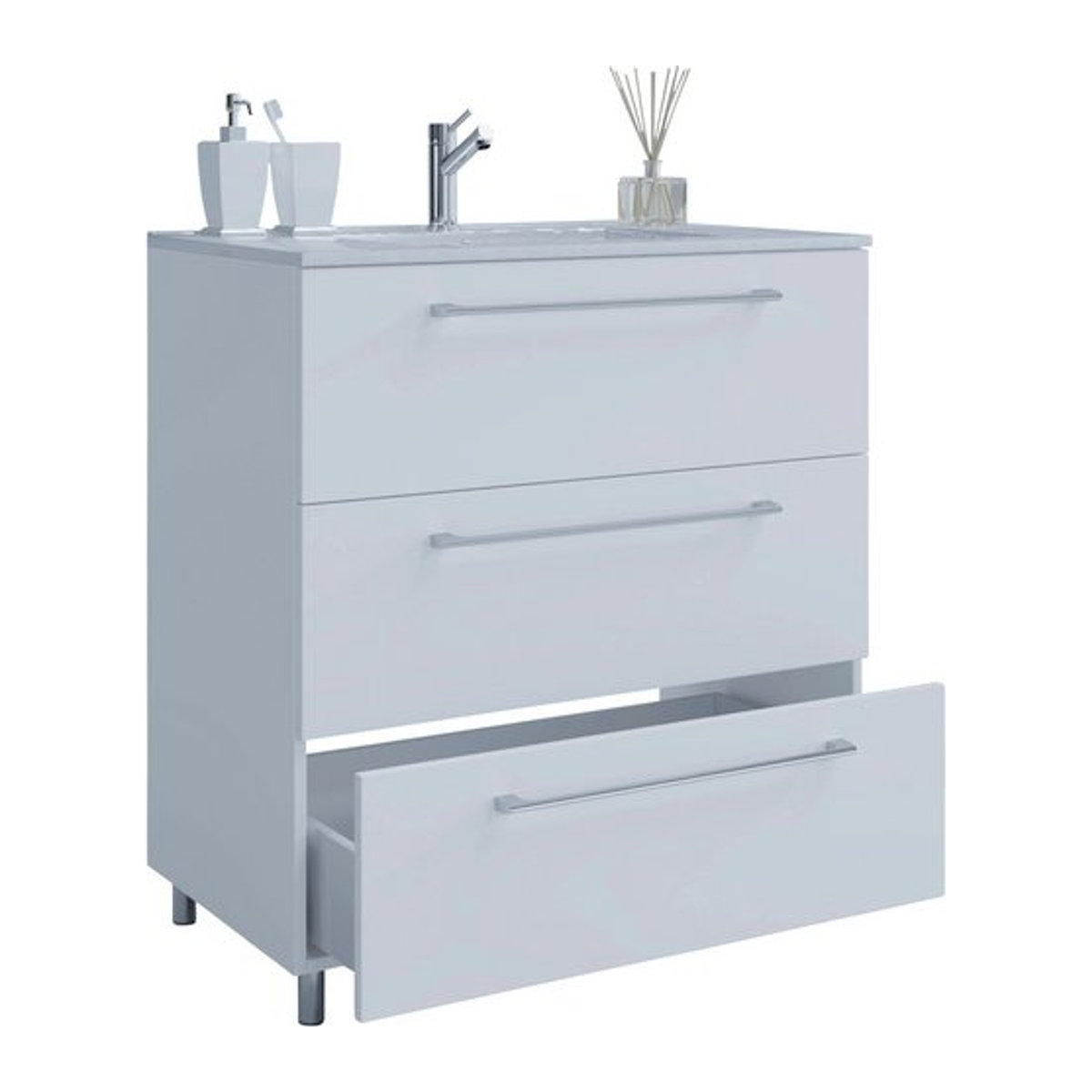 VCM 2-tlg. Badmöbel-Set Badinos in Weiss mit Keramik-Waschtisch und Unterschrank mit 3 Schubladen, B/H/T: 60 x 86 x 46 cm - Bild 1