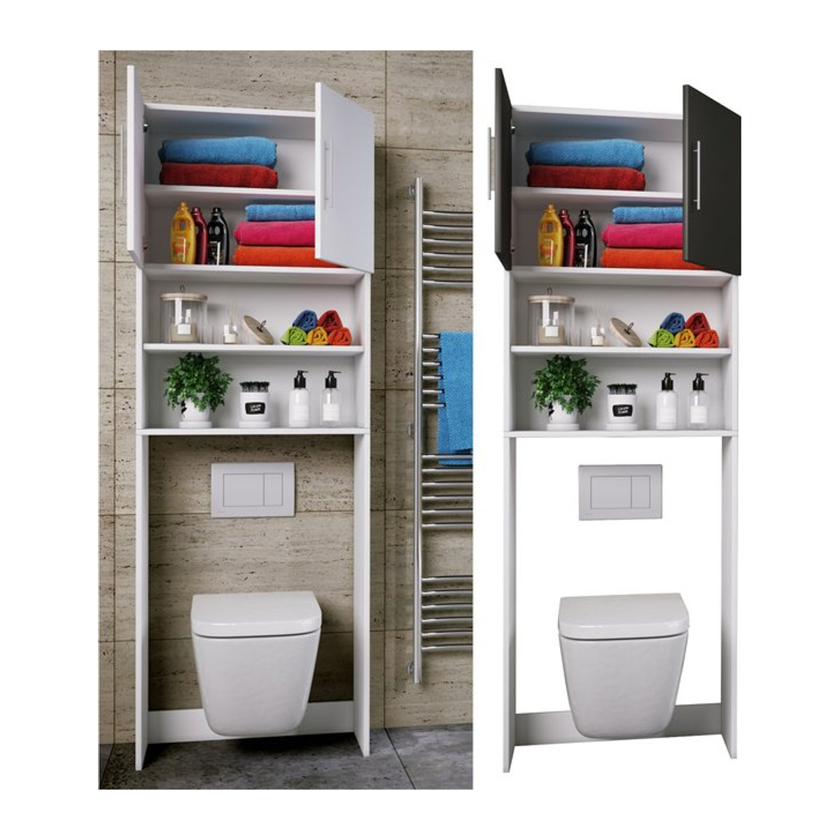 VCM Badezimmerschrank aus Holz als freistehender Toilettenüberbau in Weiß mit Drehtüren, B/T/H: 64 x 25 x 190 cm - Bild 1