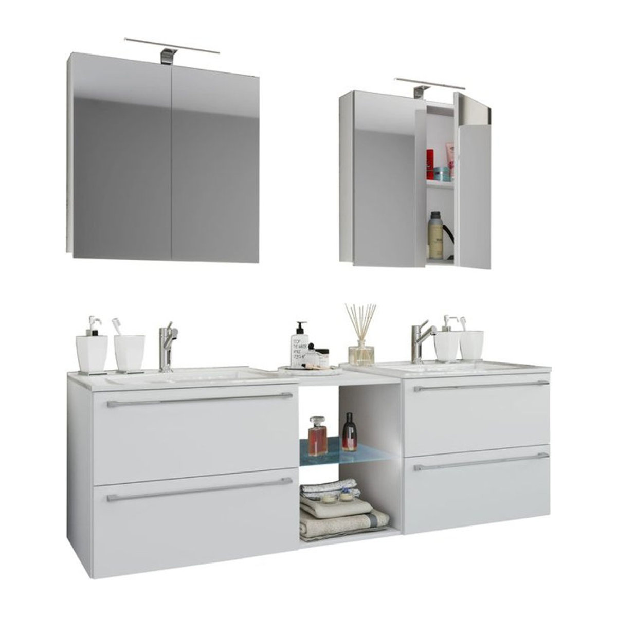 VCM Badinos XXL Badmöbel Set Doppel Waschplatz mit 2 Keramik Waschbecken, 2 Spiegelschränken und Unterschrank Breite: 195 cm - Bild 1