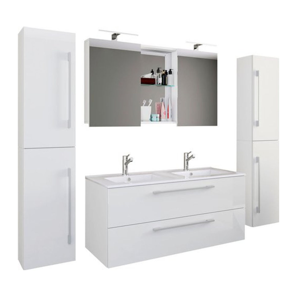 VCM Badmöbel-Set Budasi 5-teilig mit Doppelwaschtisch aus Keramik in Weiß für moderne Wandmontage - Bild 1