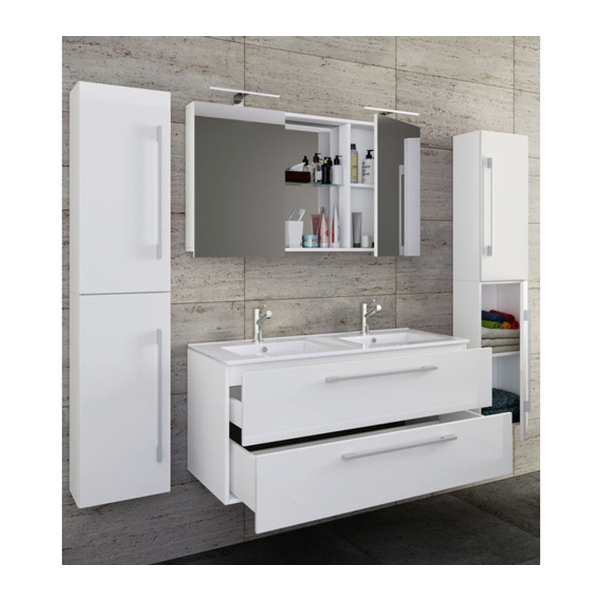 VCM Badmöbel-Set Budasi 5-teilig mit Doppelwaschtisch aus Keramik in Weiß für moderne Wandmontage - Bild 3