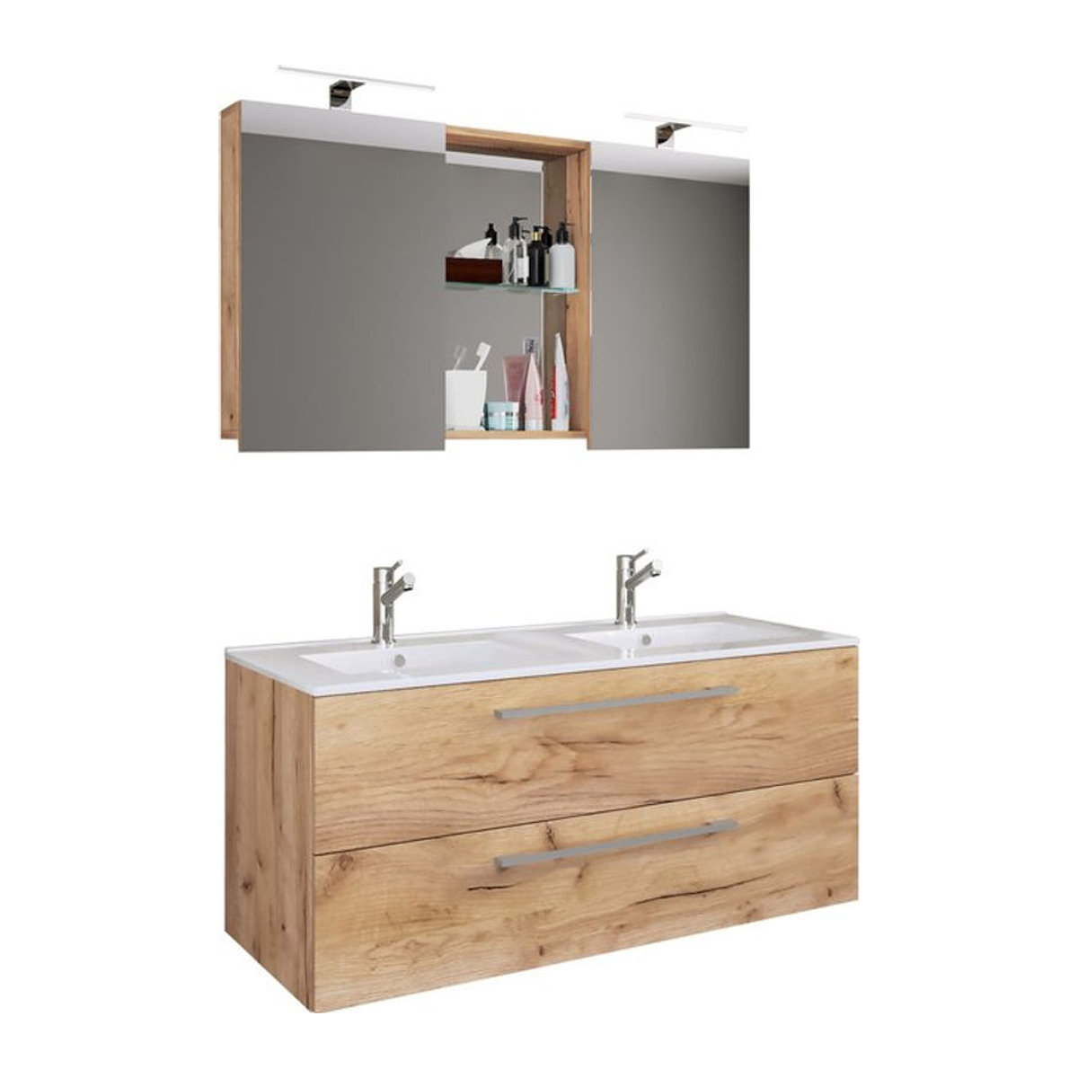 VCM Badmöbel Set Budasi SC 3-teilig mit Doppelwaschtisch aus Keramik und Spiegelschrank in Eiche Natur zur Wandmontage - Bild 1