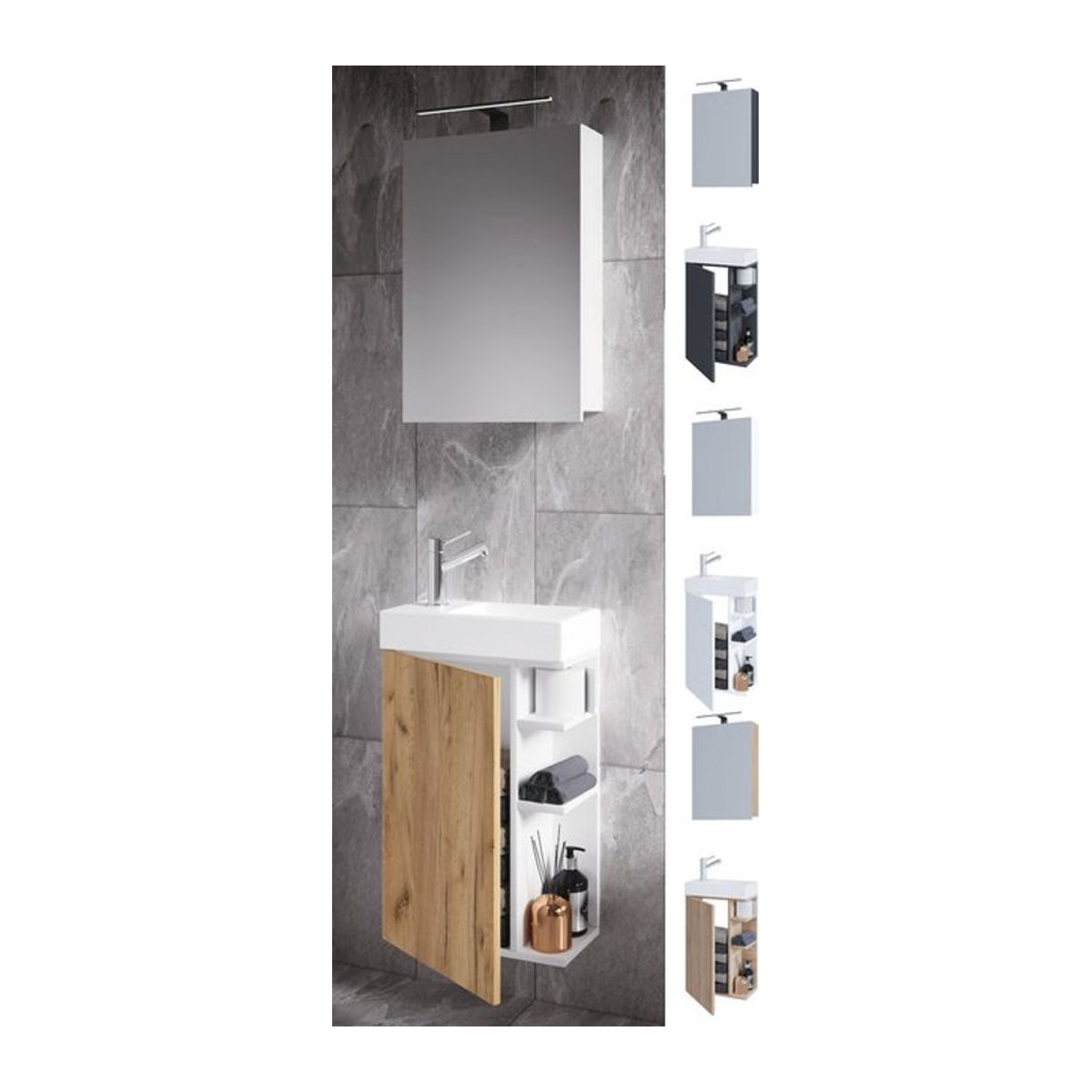 VCM Badmöbel Set Lumia 3-teilig in Eiche Natur mit Keramik-Waschtisch und Spiegelschrank zur Wandmontage, Breite: 40 cm, Tiefe: 22 cm, Höhe: 70 cm - Bild 1