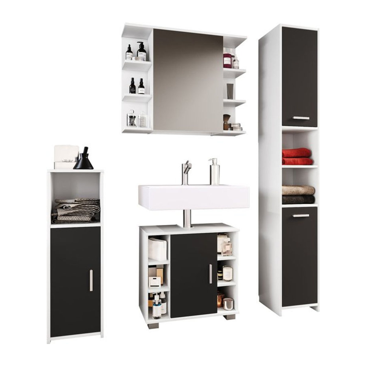 VCM Badmöbel-Set Zalo II in Weiß/Schwarz mit Unterschrank, Midischrank, Hochschrank und Spiegelschrank, B/H/T: 140 x 180 x 30 cm - Bild 1