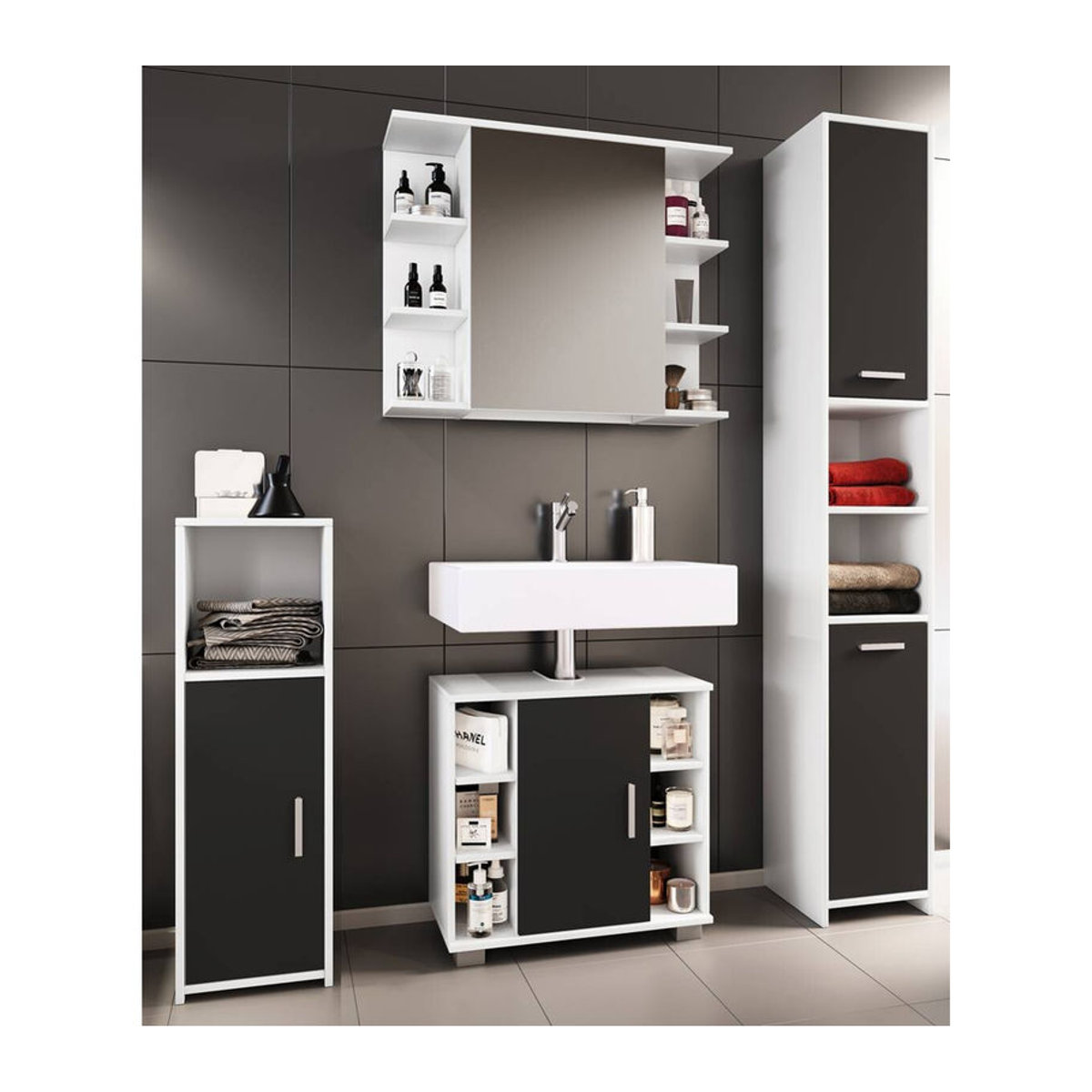 VCM Badmöbel-Set Zalo II in Weiß/Schwarz mit Unterschrank, Midischrank, Hochschrank und Spiegelschrank, B/H/T: 140 x 180 x 30 cm - Bild 3