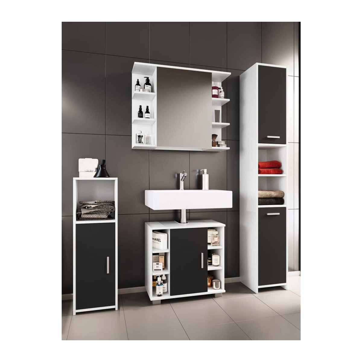 VCM Badmöbel-Set Zalo II in Weiß/Schwarz mit Unterschrank, Midischrank, Hochschrank und Spiegelschrank, B/H/T: 140 x 180 x 30 cm - Bild 4