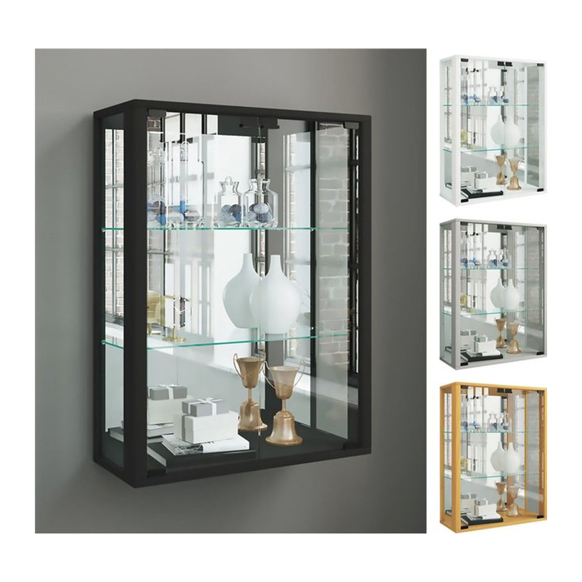 VCM Hängevitrine Udina mit Spiegel und ESG-Sicherheitsglas in Schwarz, H x B x T: 80 x 60 x 25 cm - Bild 1