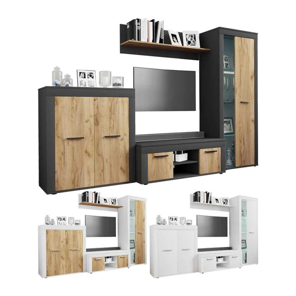 VCM Wohnwand Usilo L 4-teiliges TV-Möbel Set in Schwarz/Weiß mit Metall-Elementen im modernen Design - Bild 1