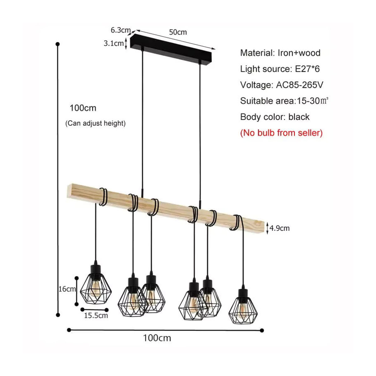 Vecli Retro Loft Kronleuchter im Industrial Design mit 6 Köpfen aus Holz und Schwarz für Esszimmer, Wohnzimmer oder Küche, E27 - Bild 1
