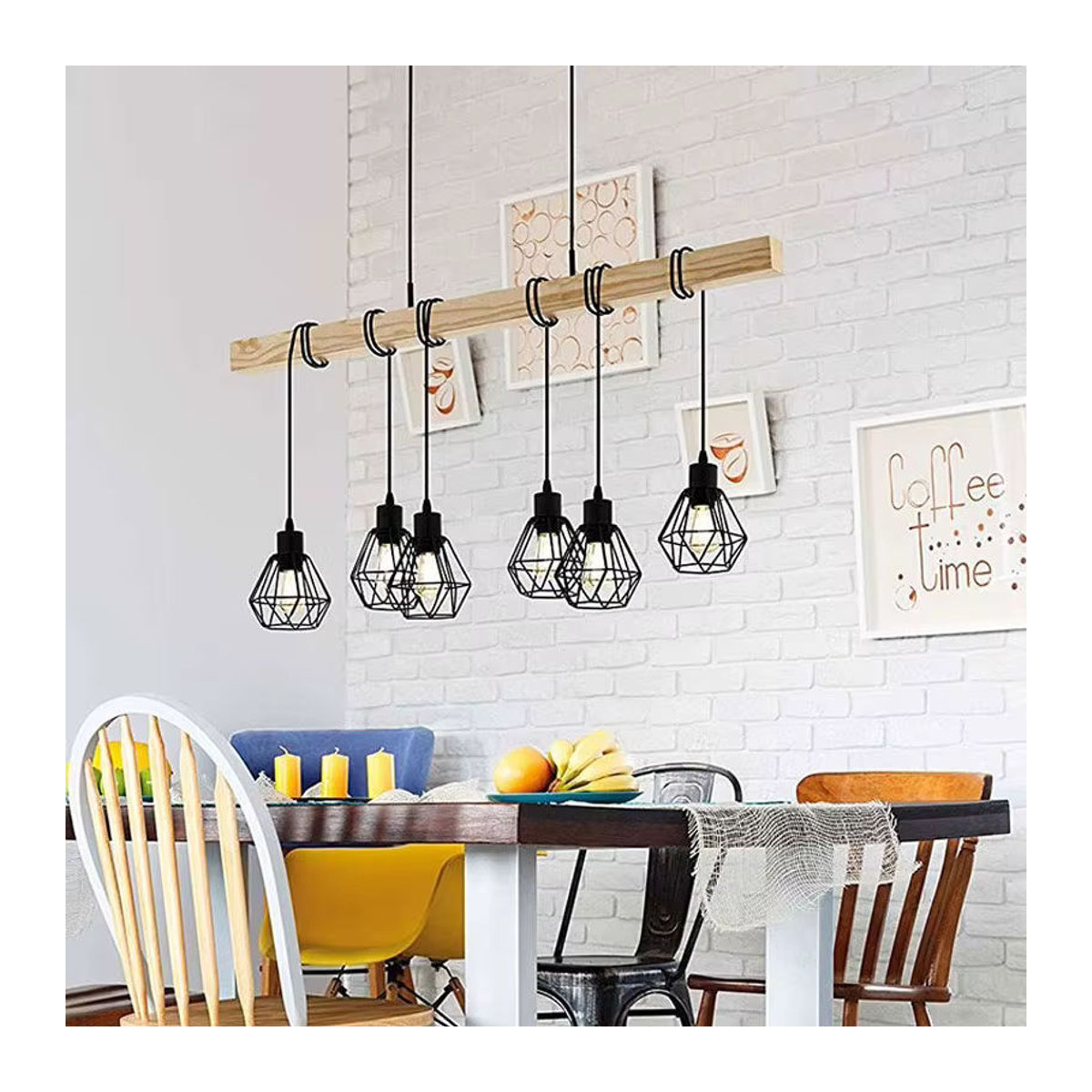 Vecli Retro Loft Kronleuchter im Industrial Design mit 6 Köpfen aus Holz und Schwarz für Esszimmer, Wohnzimmer oder Küche, E27 - Bild 2