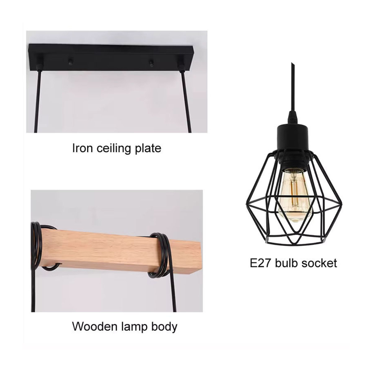 Vecli Retro Loft Kronleuchter im Industrial Design mit 6 Köpfen aus Holz und Schwarz für Esszimmer, Wohnzimmer oder Küche, E27 - Bild 3