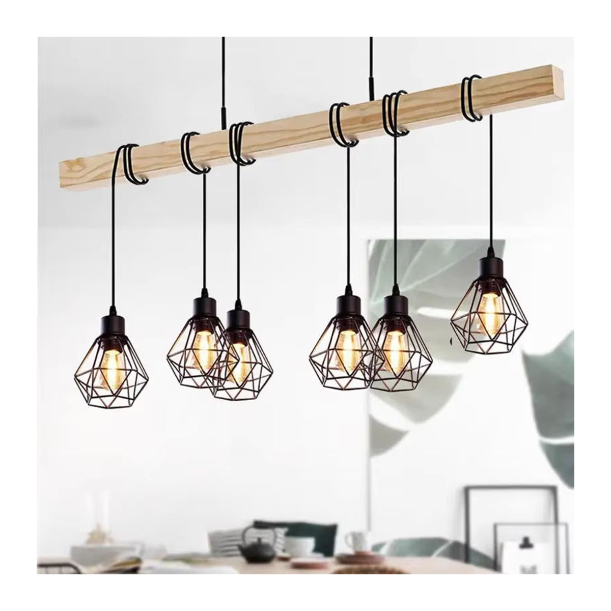 Vecli Retro Loft Kronleuchter im Industrial Design mit 6 Köpfen aus Holz und Schwarz für Esszimmer, Wohnzimmer oder Küche, E27 - Bild 4