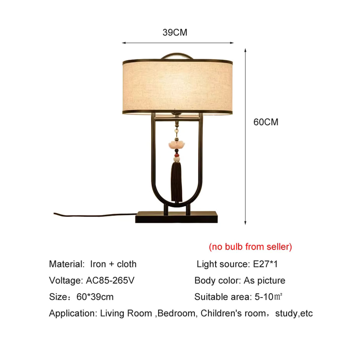 Vecli Tischlampe im modernen chinesischen Stil mit Stoffschirm in Schwarz - Bild 2