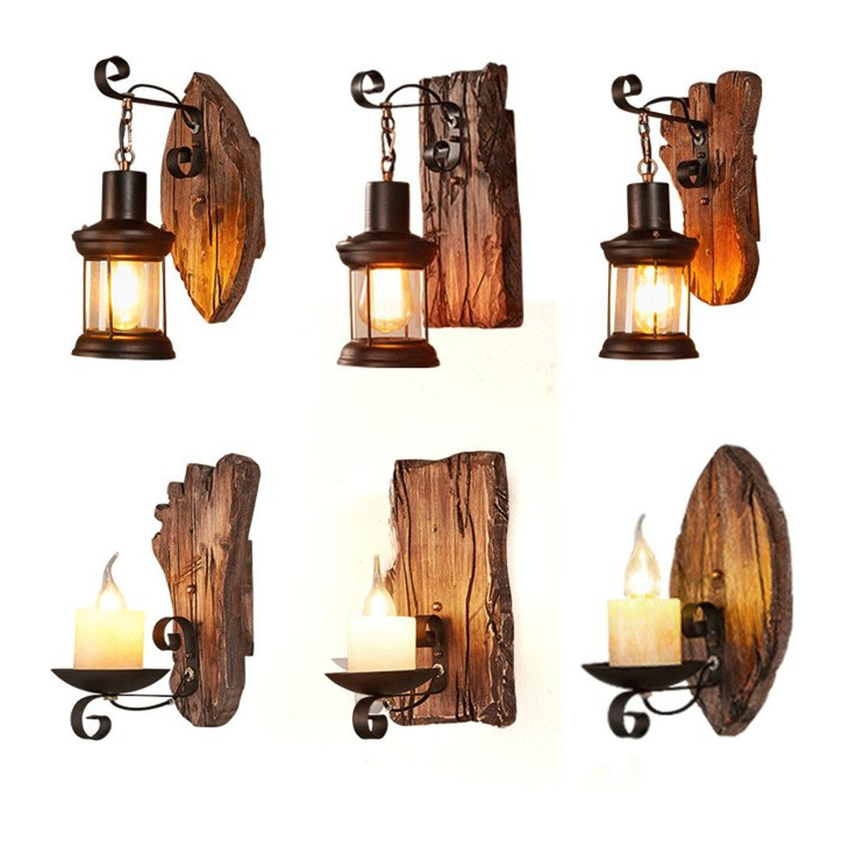 Vecli Wandlampe im Industrial Retro Design aus Holz und Glas in Braun - Bild 1
