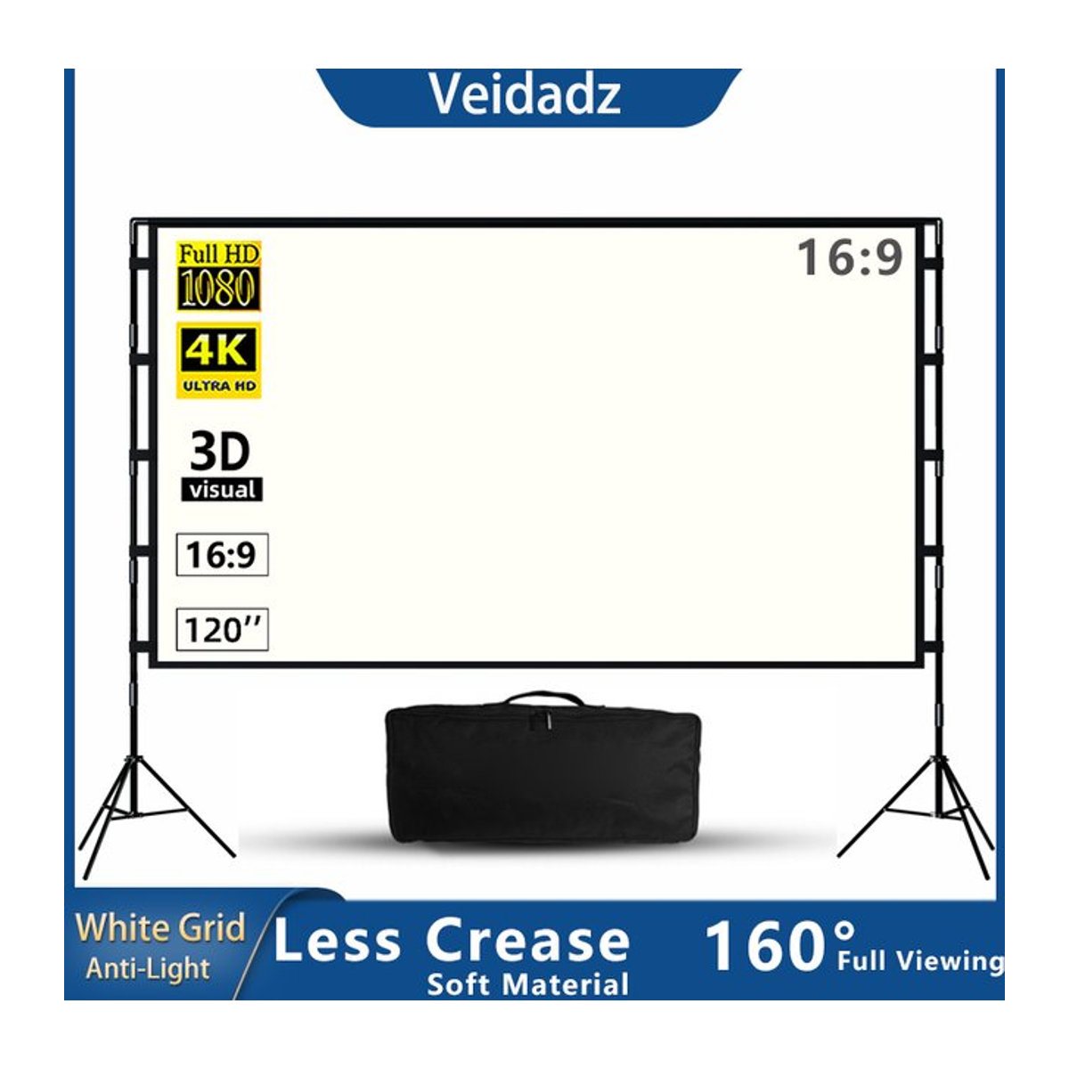 Veidadz Projektionsleinwand mit Ständer, 120 Zoll, weißes Gittergewebe mit Anti-Light-Effekt und 160 Grad Betrachtungswinkel, freistehend für Innen und Außen - Bild 1