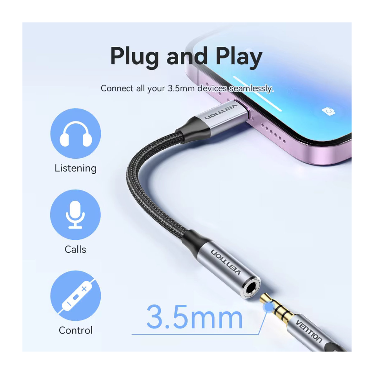Vention Lightning auf 3,5mm Klinke Audio-Adapter für iPhone in Grau - Bild 2