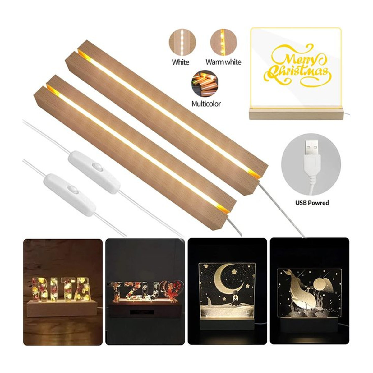VENUSWING LED-Holzlicht-Display mit Acryl-Platte und Kristall-Effekt, rechteckiger beleuchteter Sockel aus braunem Holz mit USB-Anschluss für deine Harz-Kunst-Dekoration - Bild 1