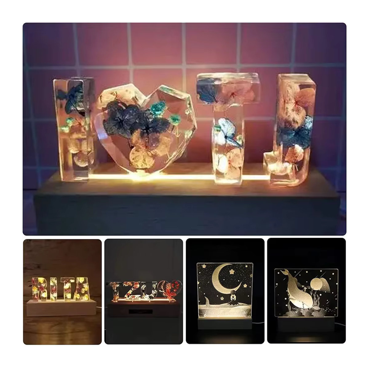 VENUSWING LED-Holzlicht-Display mit Acryl-Platte und Kristall-Effekt, rechteckiger beleuchteter Sockel aus braunem Holz mit USB-Anschluss für deine Harz-Kunst-Dekoration - Bild 5