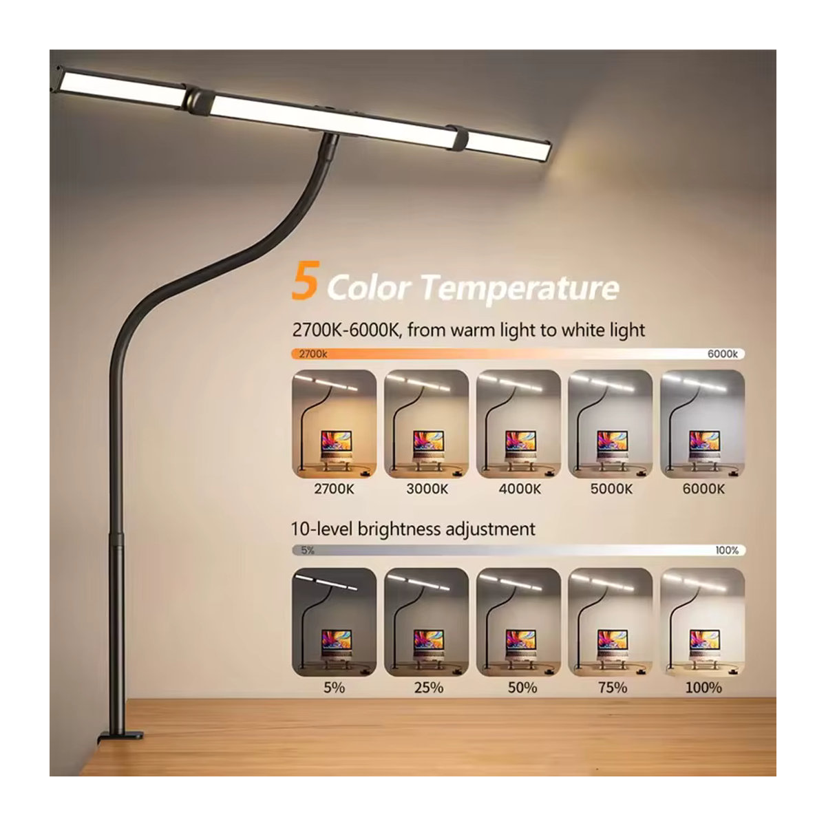 VENUSWING LED-Schreibtischlampe in Schwarz, dimmbare und augenschonende Tischleuchte mit Schwanenhals und Klemme für dein Heimbüro - Bild 3