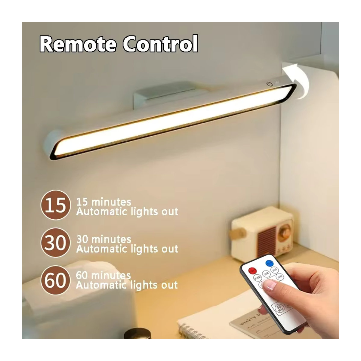 VENUSWING LED-Schreibtischlampe in Weiß, wiederaufladbare magnetische Tischlampe mit Fernbedienung und stufenlosem Dimmen, minimalistisches Nachtlicht zum Aufhängen für Schlafzimmer und Schrank - Bild 3