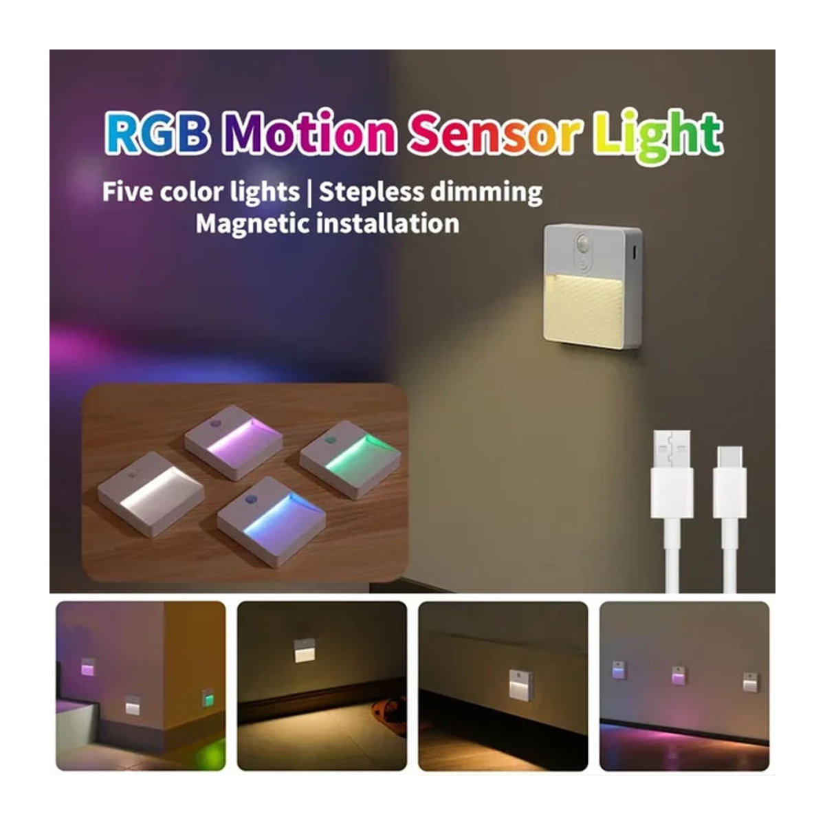 VENUSWING RGB Nachtlicht mit Bewegungssensor, USB wiederaufladbare dimmbare LED-Beleuchtung mit Farbwechsel für Schrank, Schlafzimmer und Küche, minimalistisches Design - Bild 1